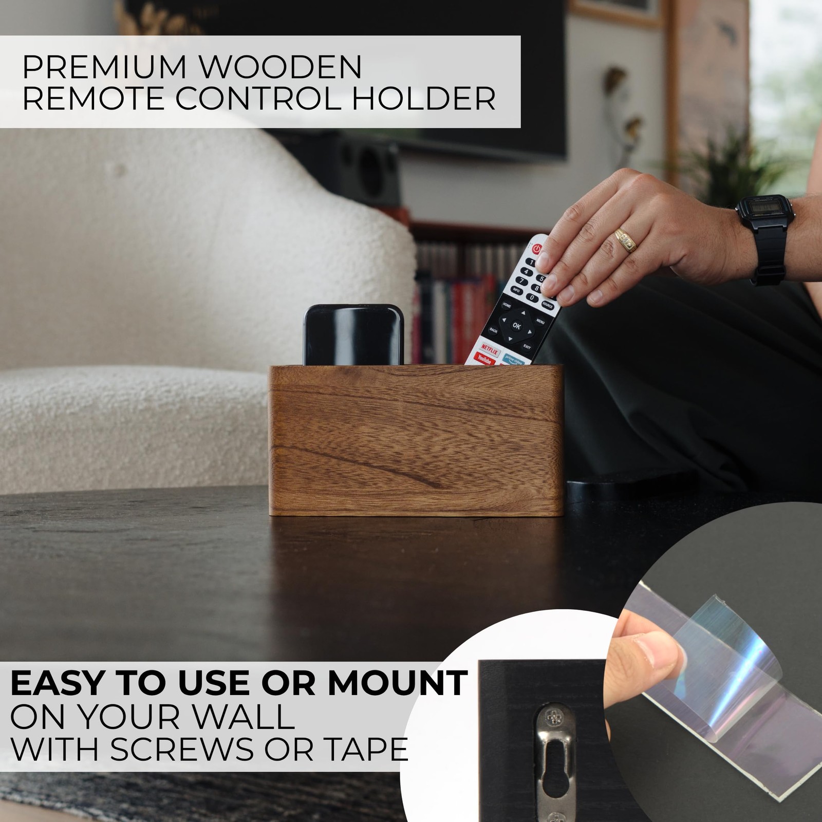 Wooden Remote Control Holder Wall Mount Caddy Holds 3–4 TV Remotes Wood Brown