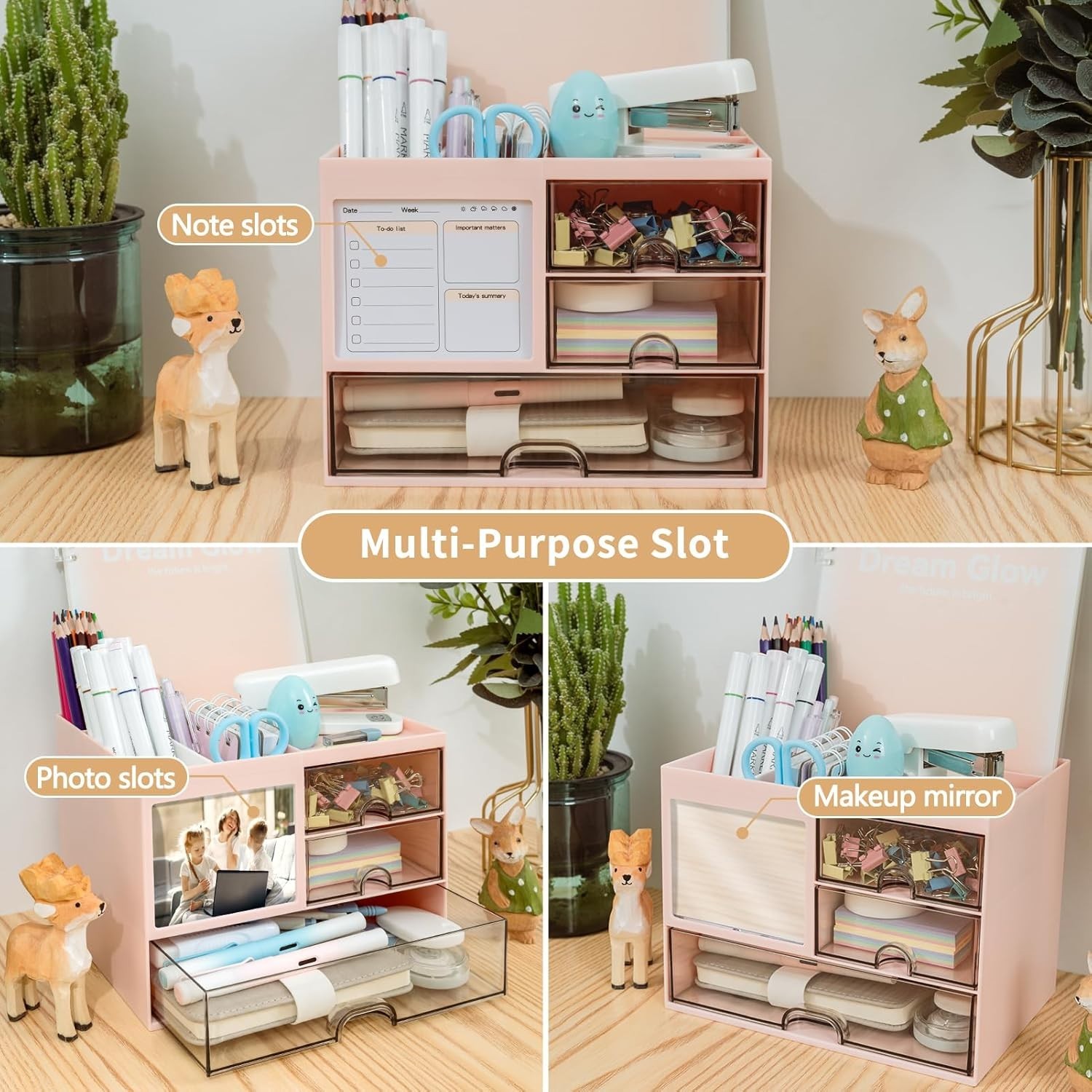 Multi-Functional Desk Organizer with 3 Drawer and 8 Compartments, Pink