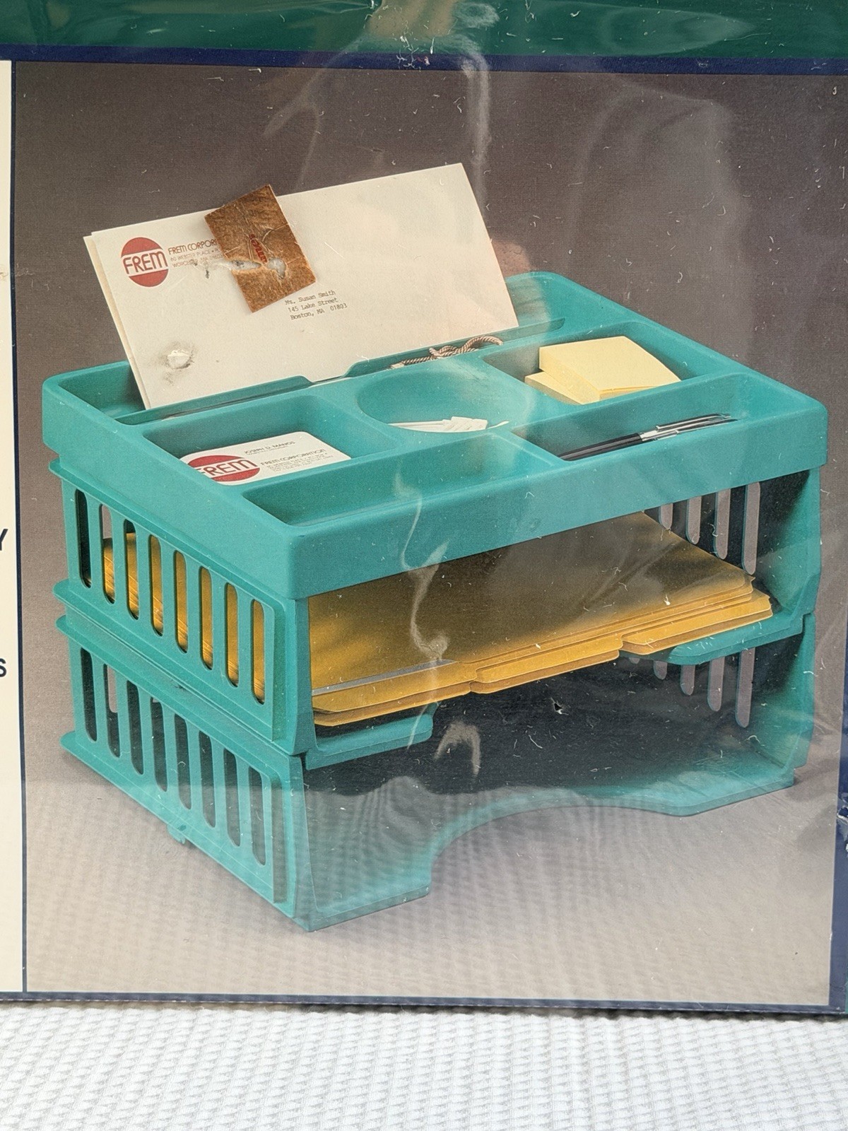 Vtg Frem 3 Piece Desk Set 2 Trays & Organizer Pens Paper New Old Stock Teal