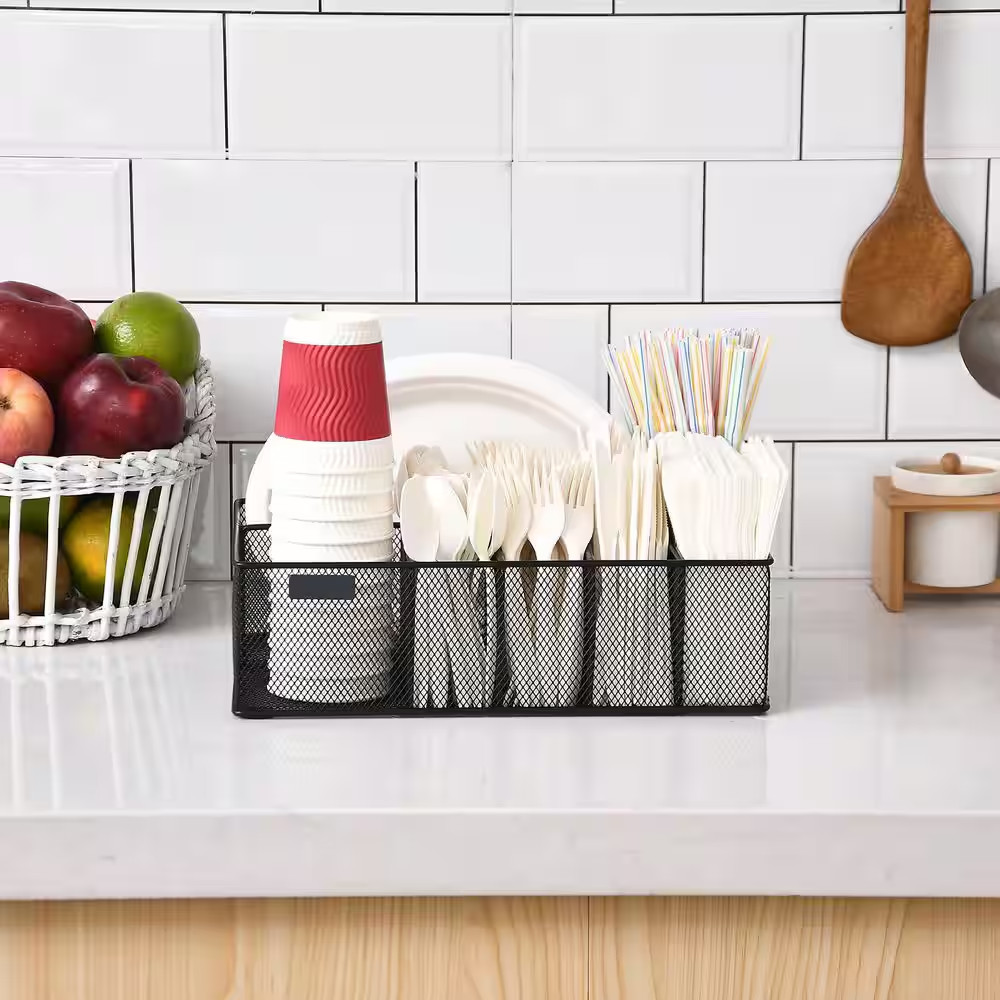Countertop Black Metal Paper Plate Organizer with 6 Compartments Cup Napkin Uten