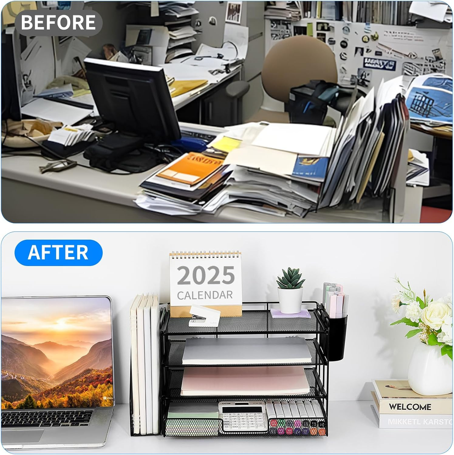 Desk Organizer, 4-Tier Desktop File Organizer with Drawer and 2 Pen Holders, Off