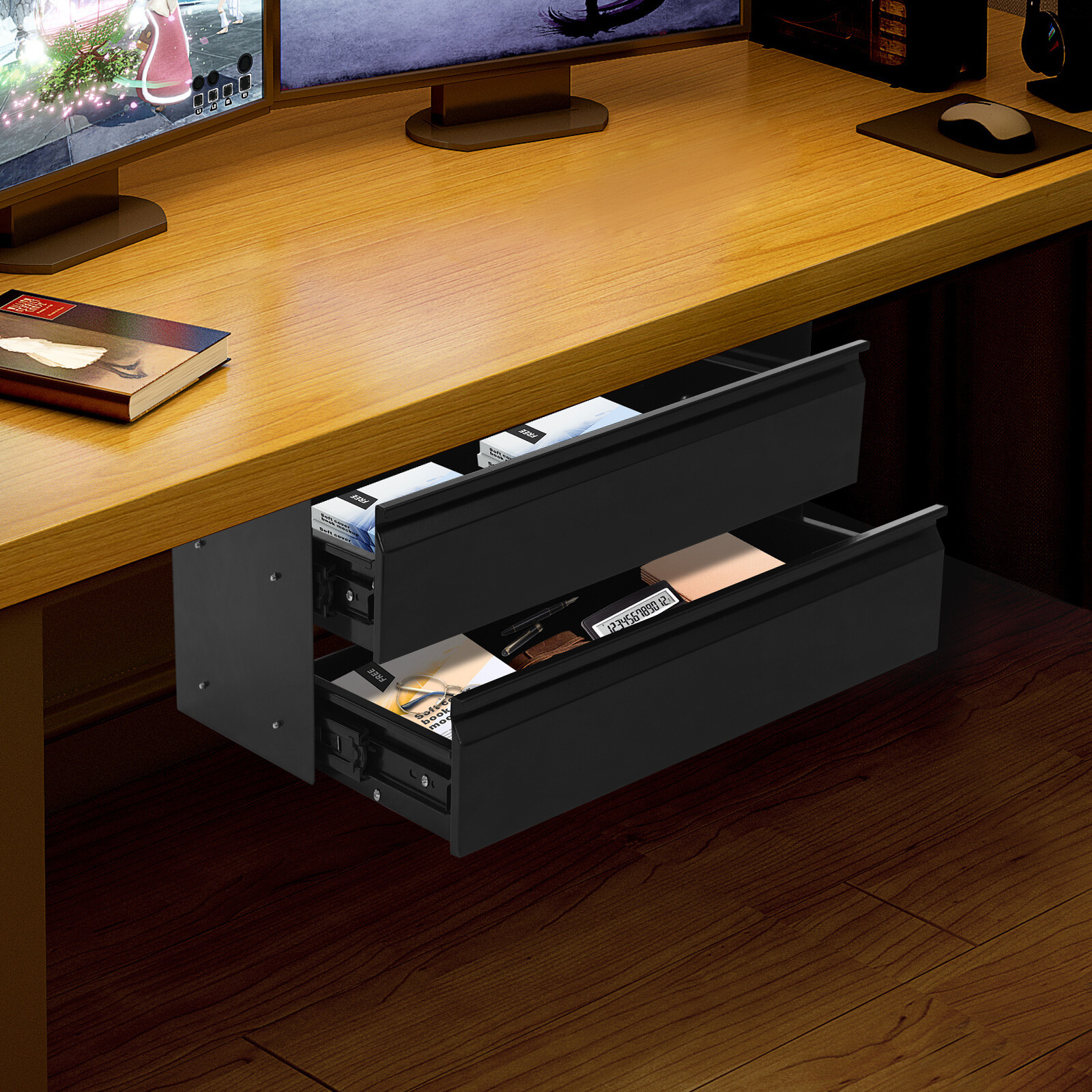 Black Dual Level 16″ Pull Out Under Desk Storage Drawer Set