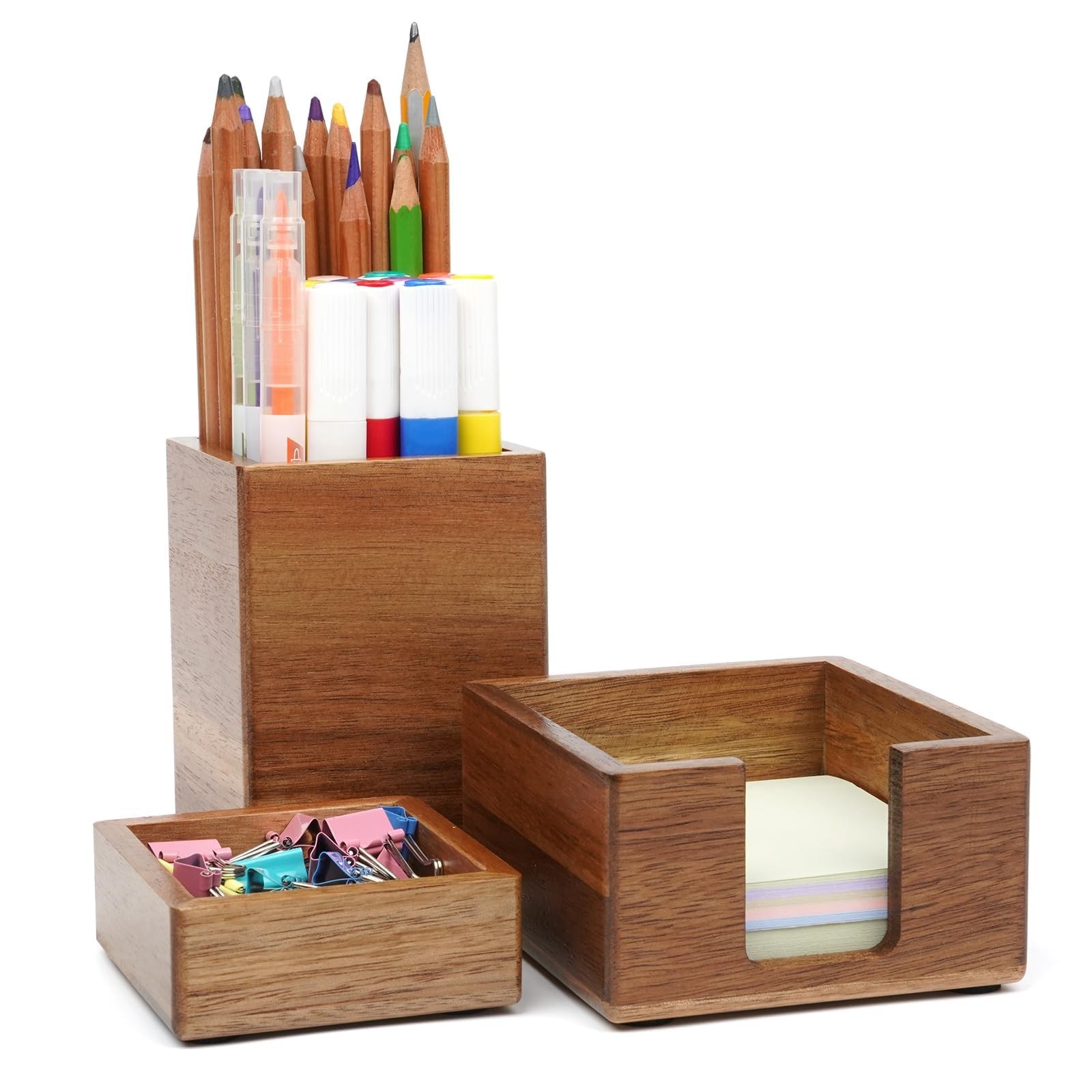 3 PCS Brown Wooden Desk Organizer Set Pine Wood Office Desk Accessories with …