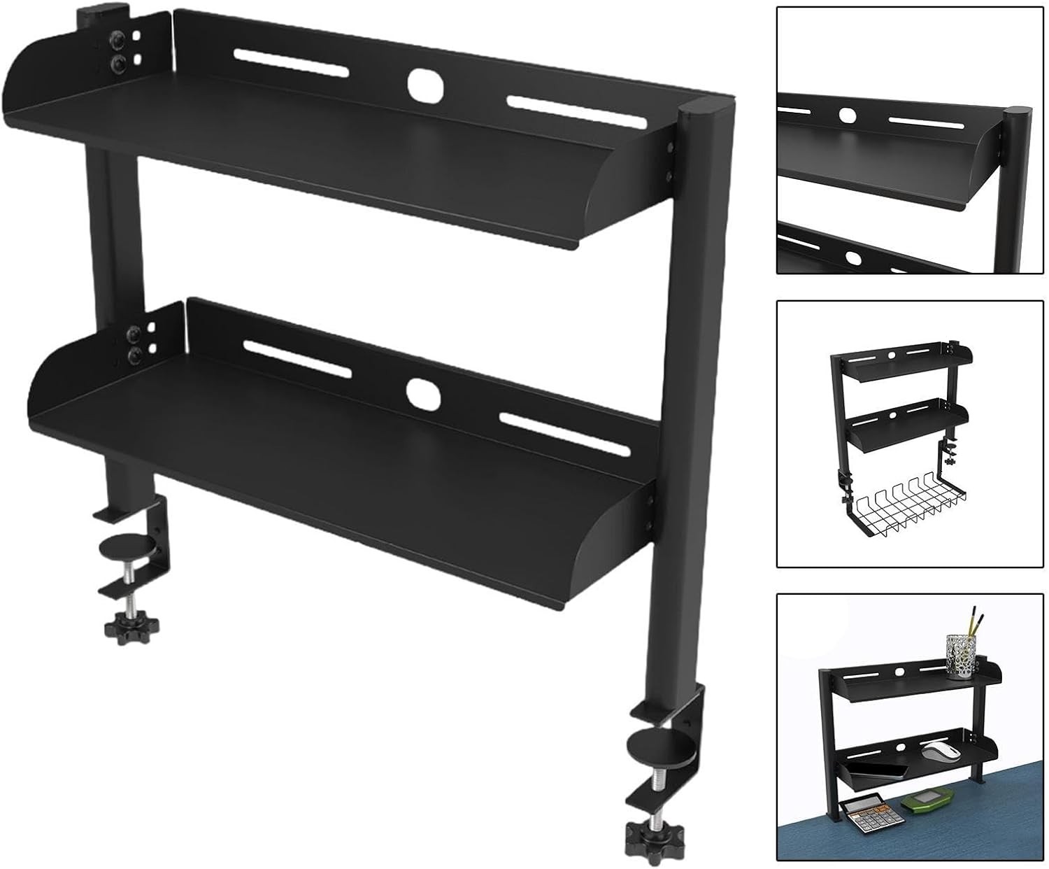 Desktop or Under-Desk Shelf Clamp-on 2-Tier Shelving W/ Adjustable Storage Tray