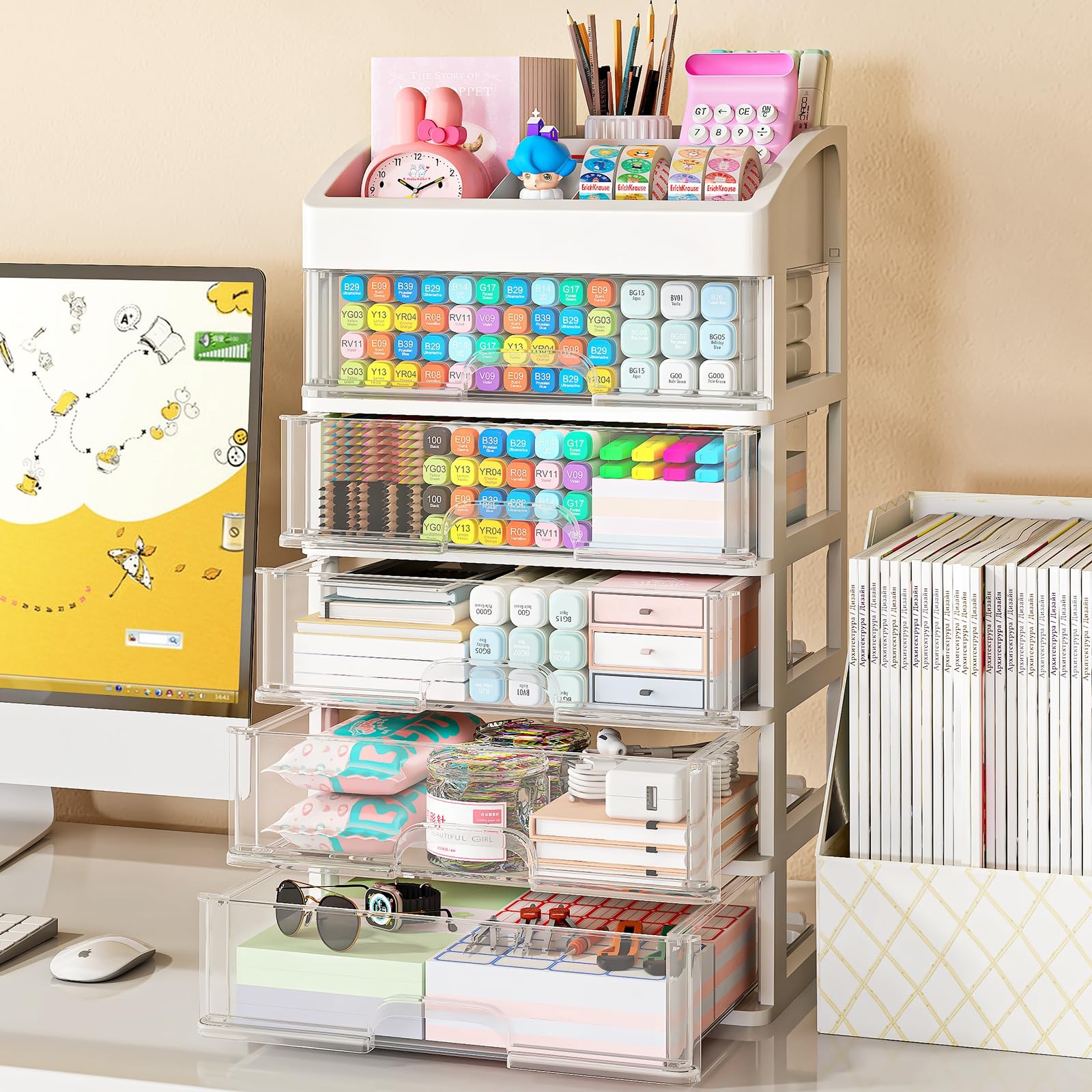 5~Drawer Desk Organizer Storage Box for Office, Home, School