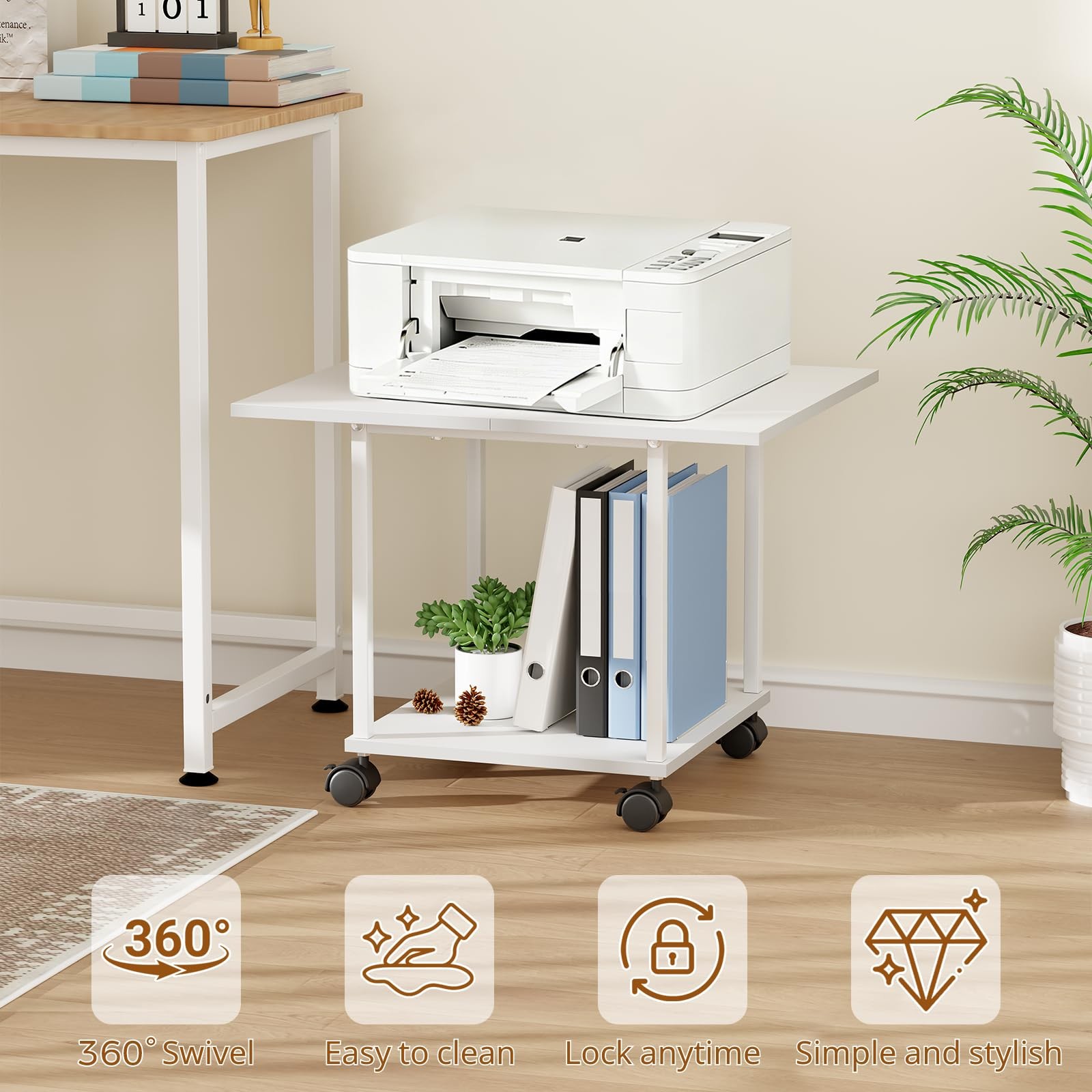 BEWISHOME Printer Stand,2-Tier Industrial Mobile 2-Tier, White/Brown
