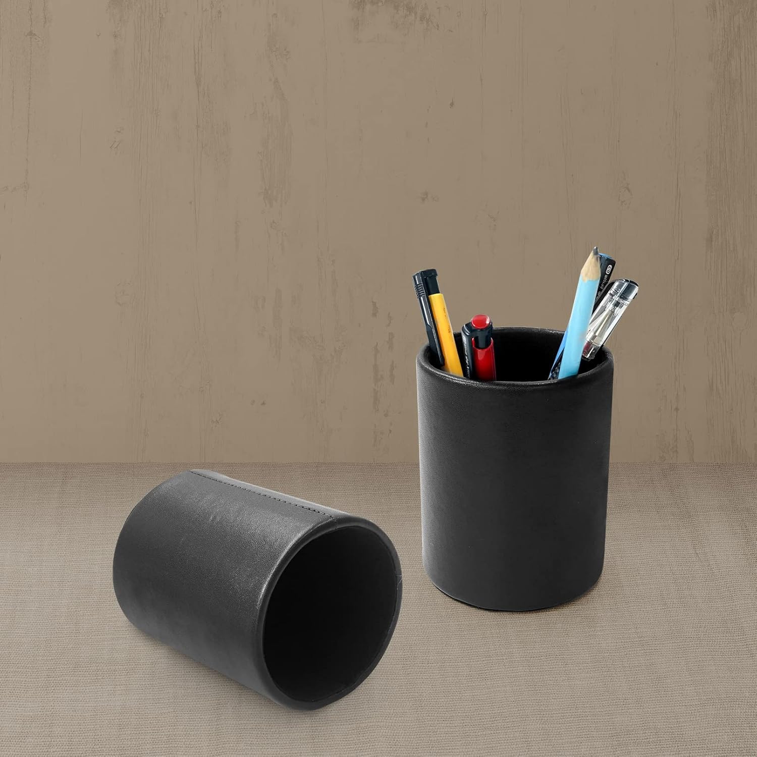 Leather Pencil Holder Pen Cup Desk Organizer Round Black 3.5×4