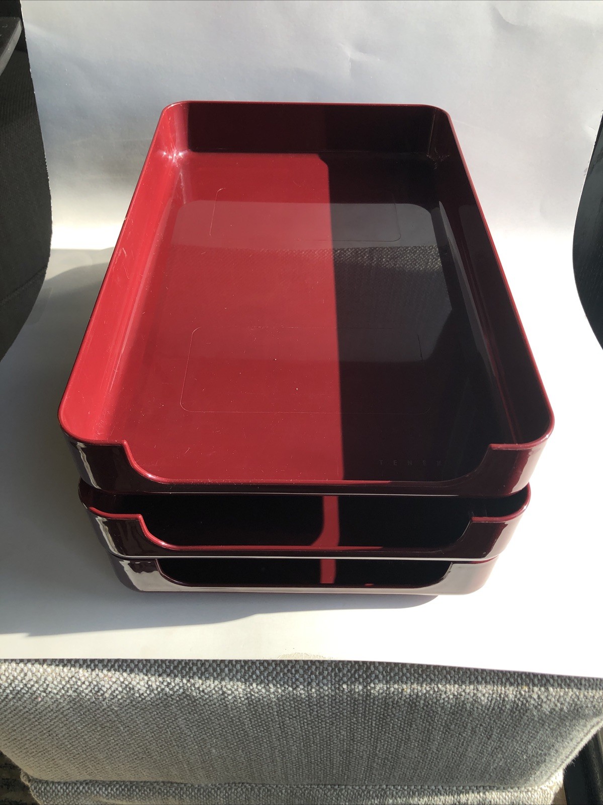 VTG 80s TENEX 200 Class Stacking Legal Size 3 Tier Office Desk Tray Set Burgundy