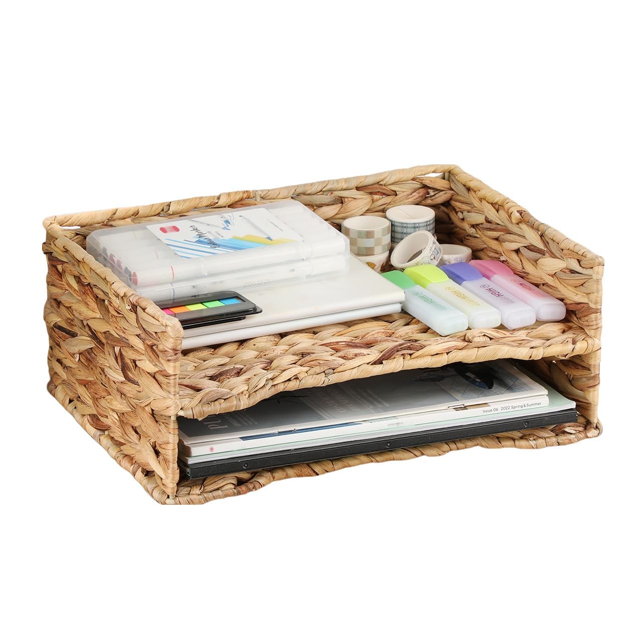 BTSKY 2 Tier Water Hyacinth Letter File Storage Basket, Woven Paper Organizer A4