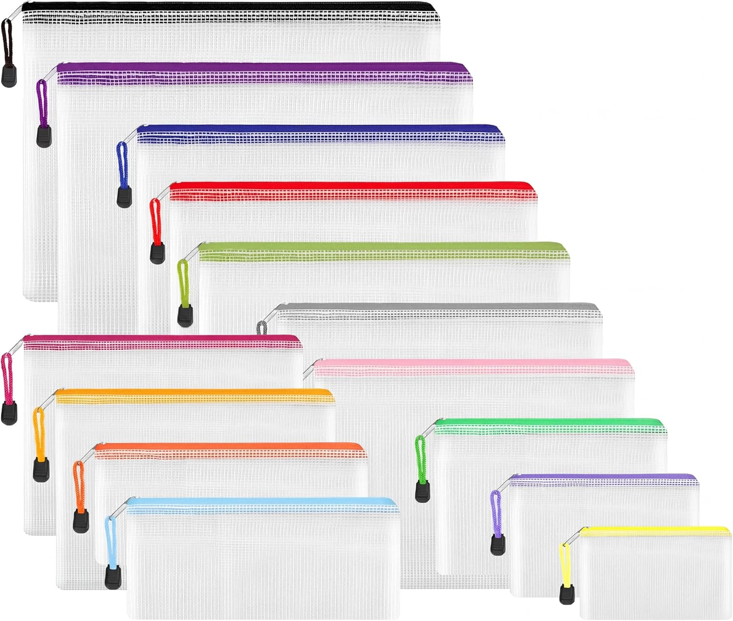 14Pcs Zipper Pouches for Organizing, 8 Sizes 14 Colors Waterproof Mesh Bags