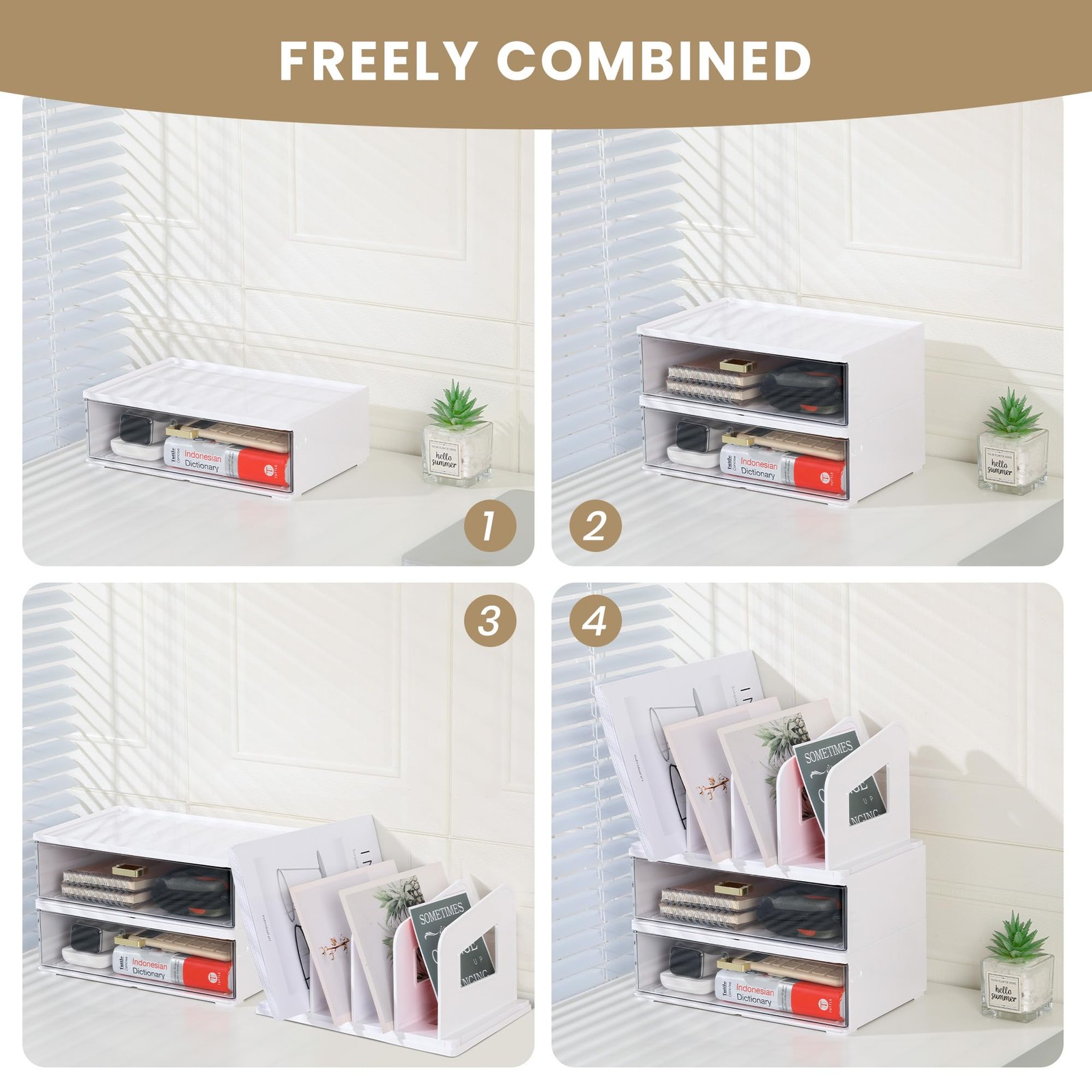 LALOBLUE Acrylic Desk Organizer with Drawer and Vertical File 2 Layer, White