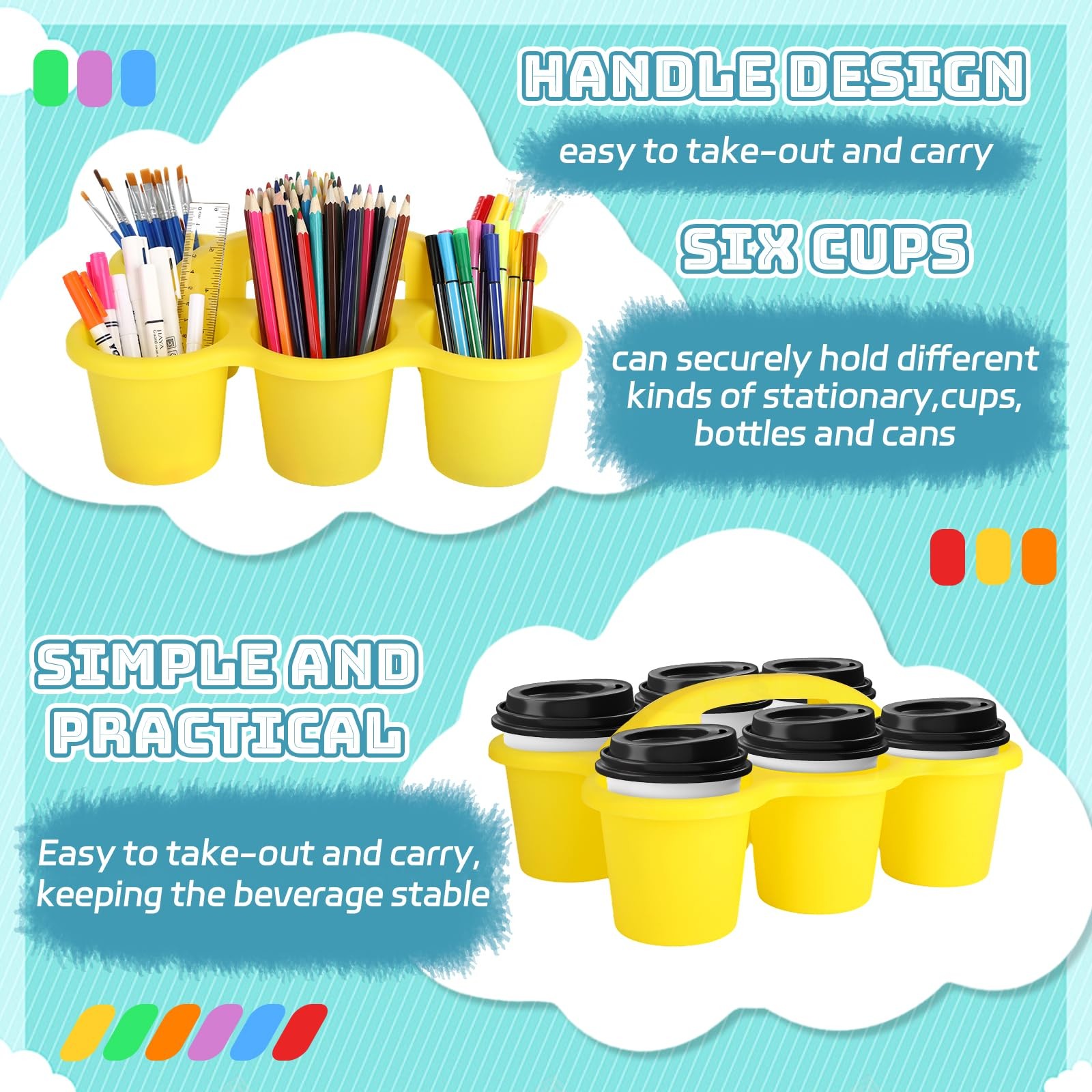 6 Pack Classroom Caddy Organizer with Handle, Plastic Art Caddy, Drink Cup Ca