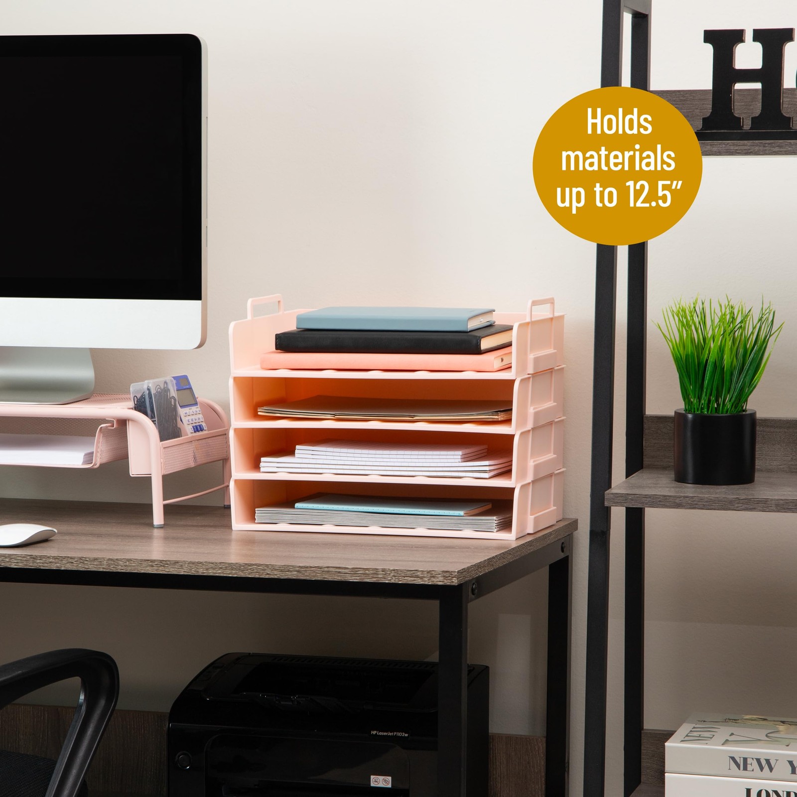 4 PCS Pink Stackable Paper Tray Desk Organizer File 13.75x10x10.75 Inch