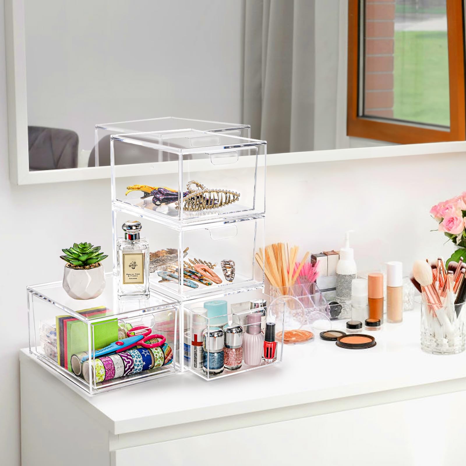 Foraineam 4 Pack Stackable Storage Containers Makeup Organizer Drawers, Clear