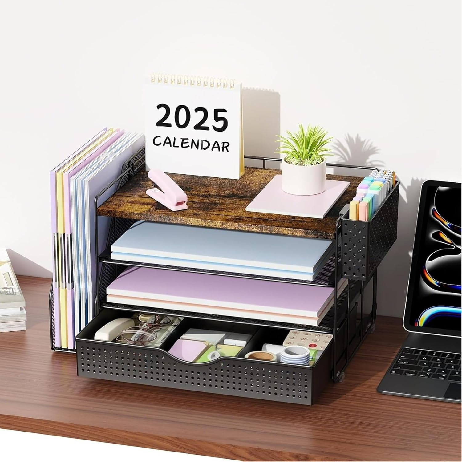 Wood Desk Organizers and Accessories with File Sorters, 4-Tier Desk Accessories