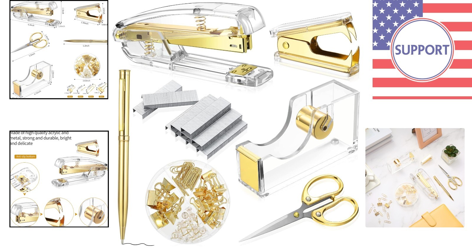 Deluxe Acrylic Office Supplies Set: Gold Stapler & More, 1000 Staples Included