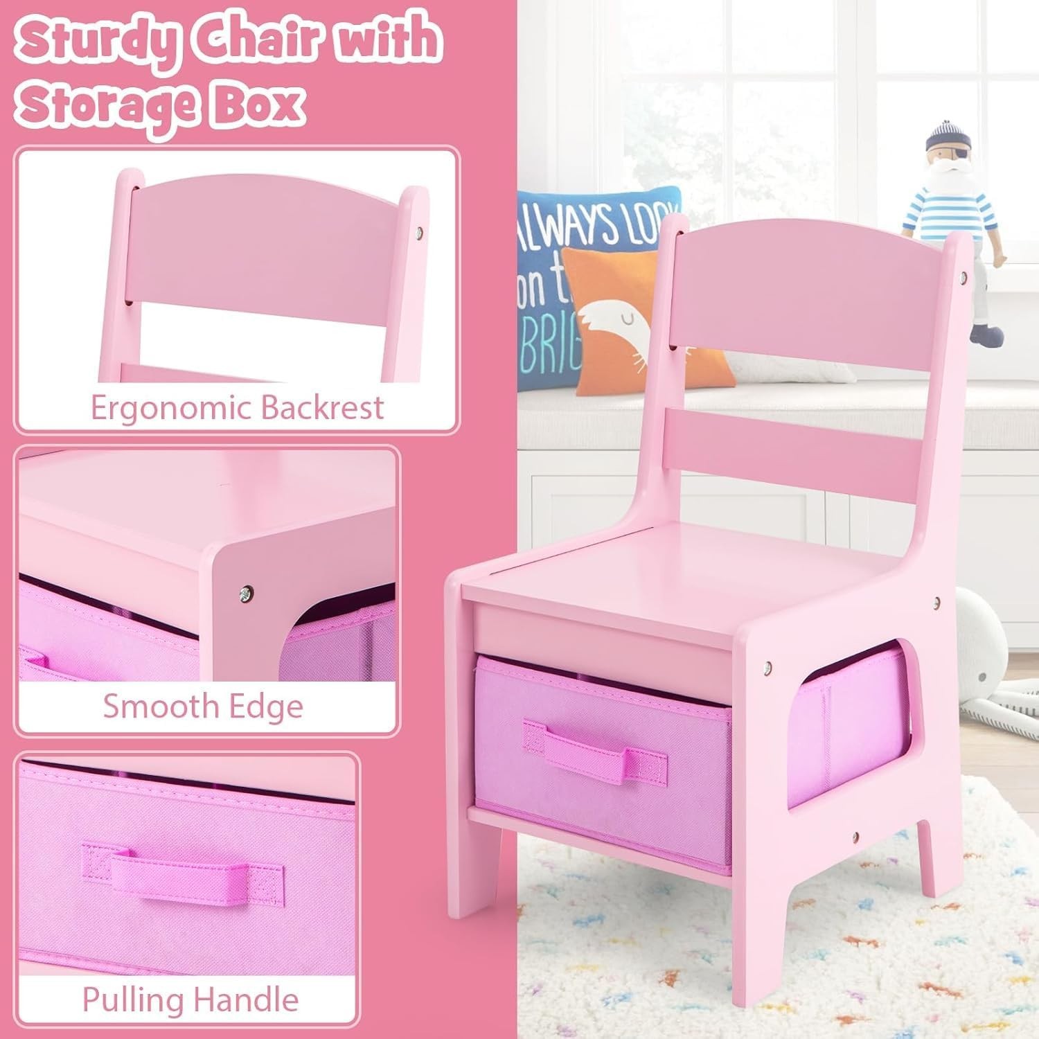 Kids Table and Chair, 3 in 1 Wooden Kids Table with Stora Der,