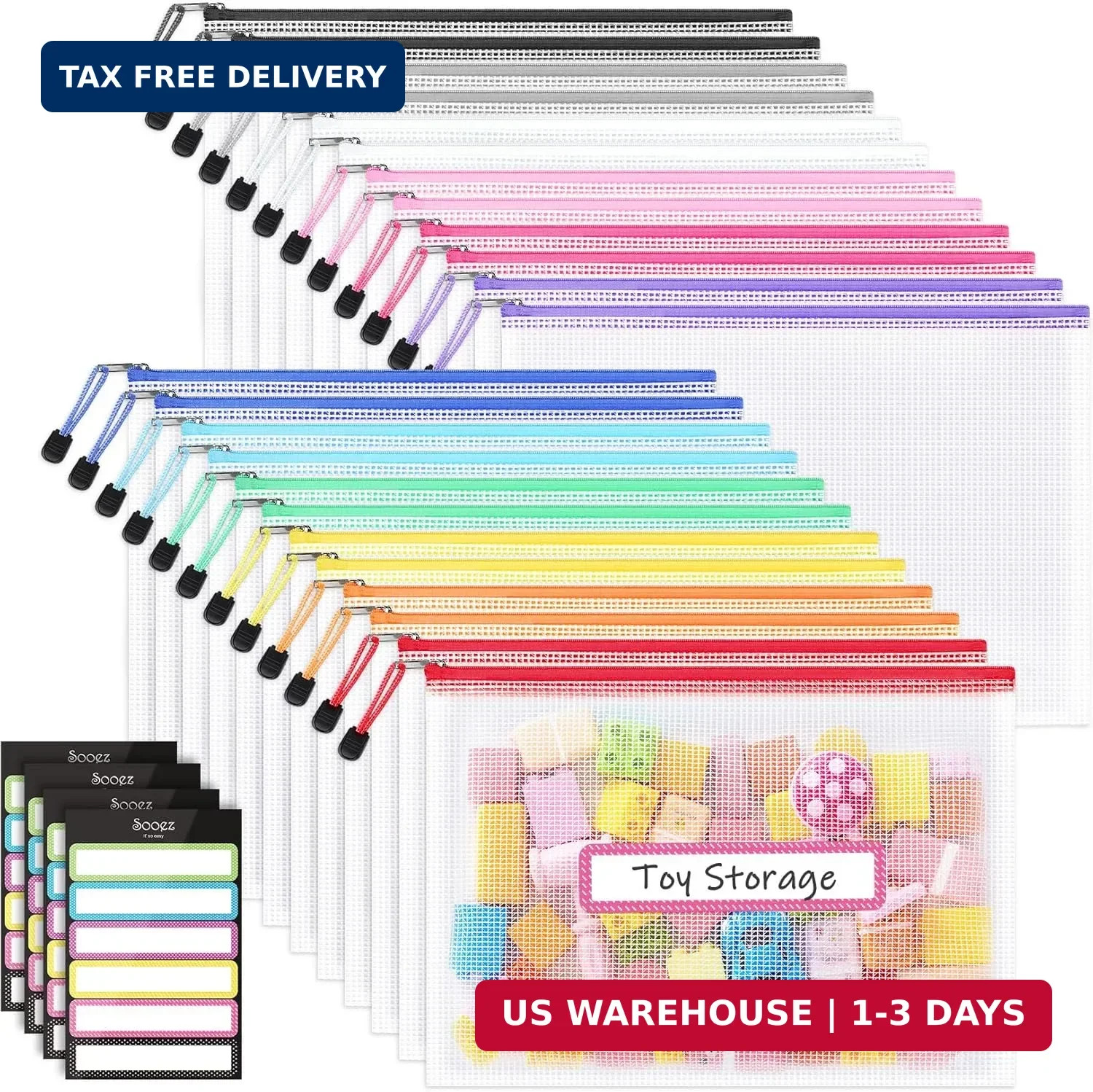 Sooez 24 Pack Mesh Zipper Pouch with Sticky Labels, A4 Mesh Bags, Sturdy Letter
