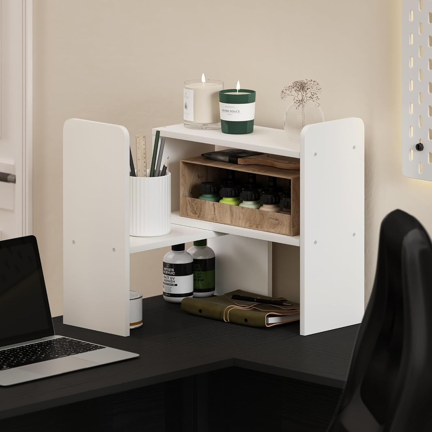23.7-Inch White Adjustable Desktop Bookshelf Organizer for Workspace Elegance