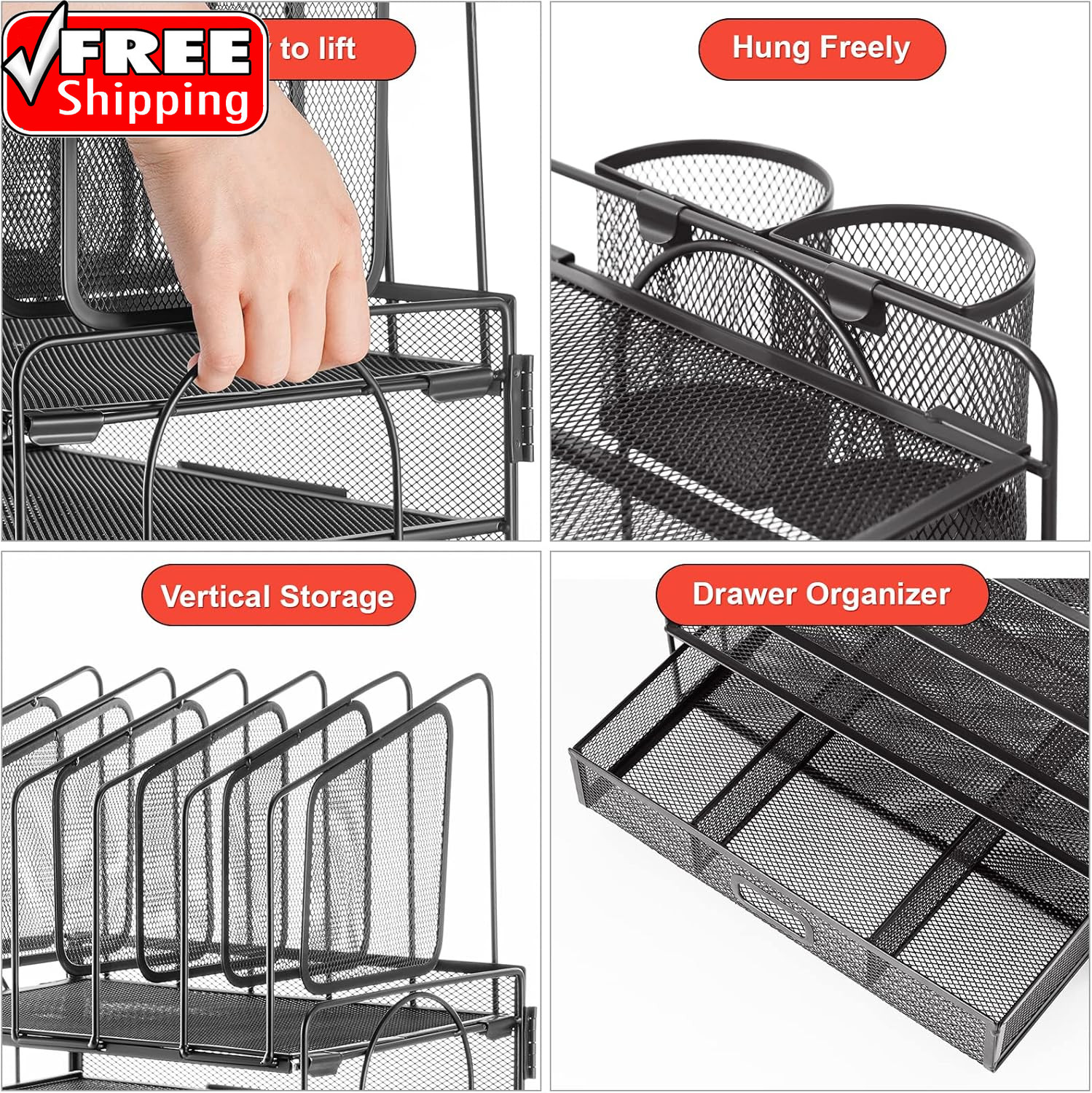 Desk Organizer with Drawer, 4-Tier Mesh File Organizer with 5 Vertical File Hold