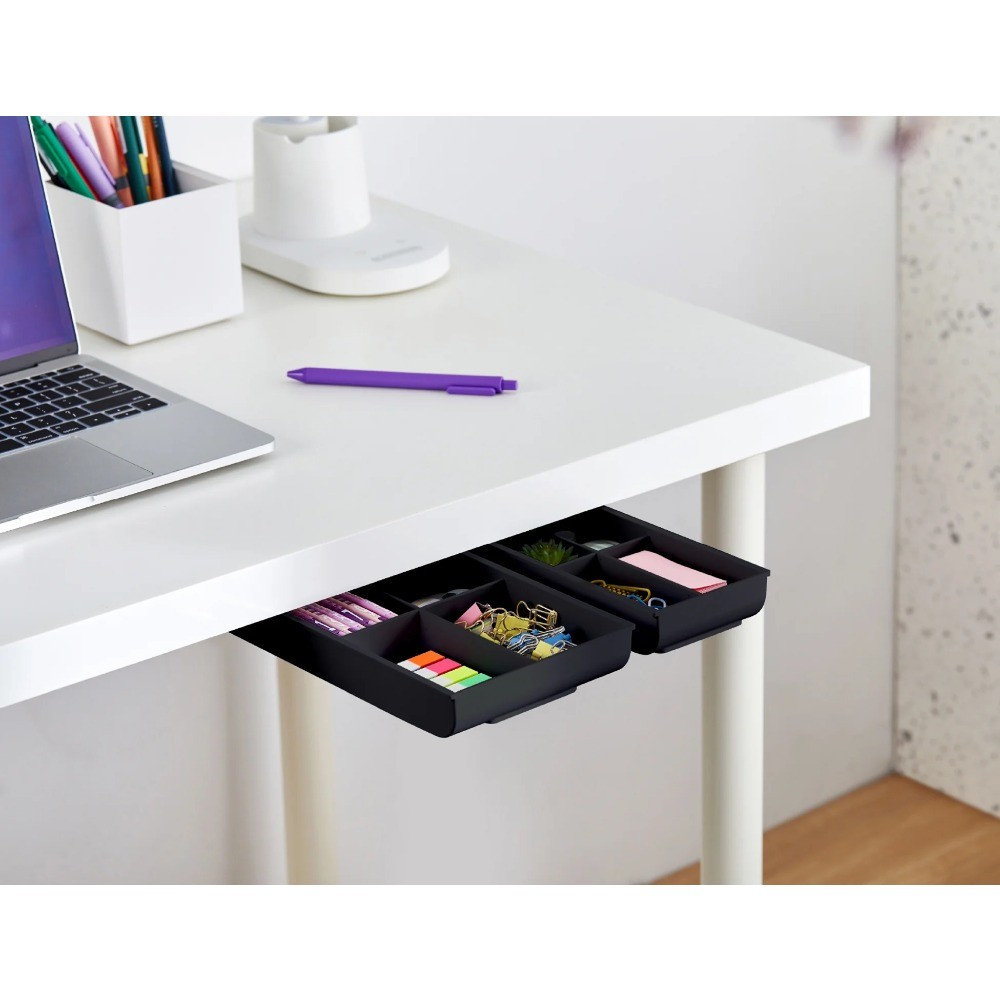 Desk Drawer for Organization, Self-Adhesive Under Desk Storage, Black, Pack of 2