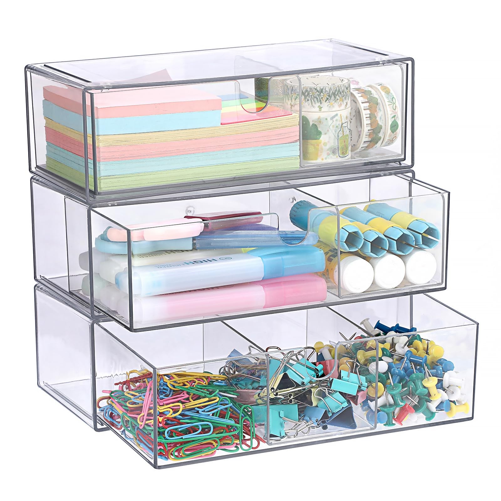 3 PCS Clear Acrylic Stackable Pencil Drawer Removable Divider Organizer