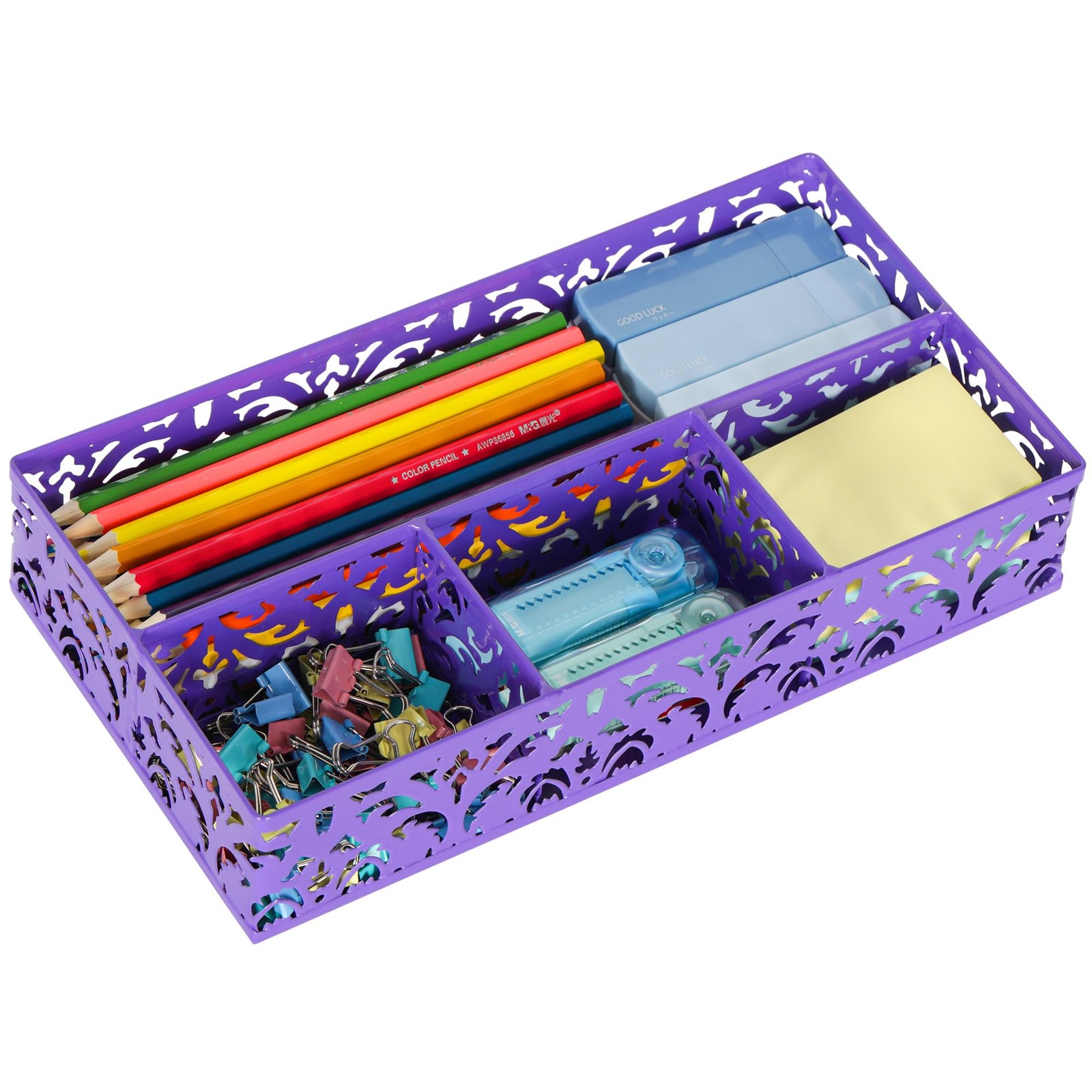 EasyPAG Desk Drawer Organizer with 4 Compartments, Carved Hollow Purple
