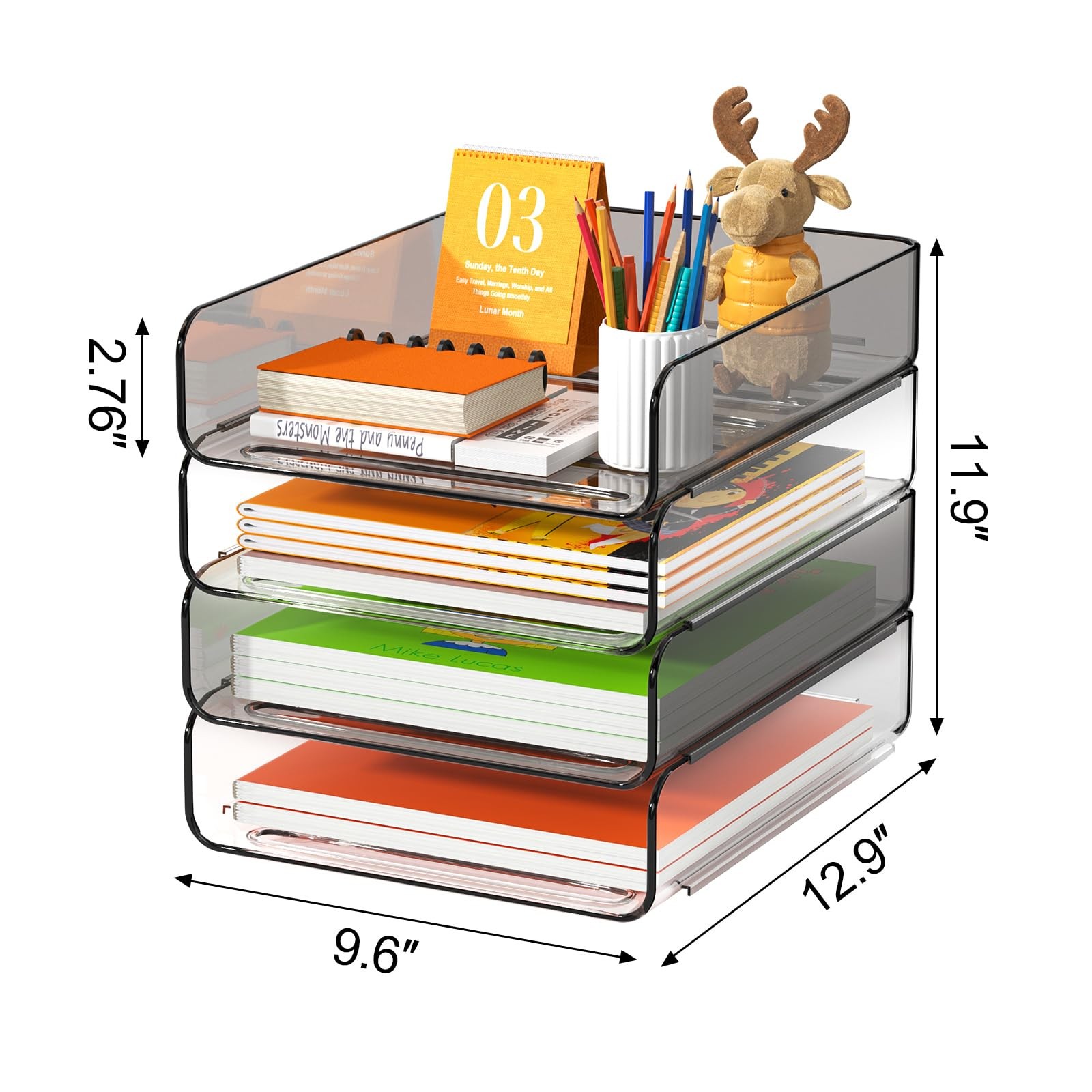FANXIYQ 4-Tier Acrylic Paper Tray Organizer, Clear & Brown Stackable Desk Org…