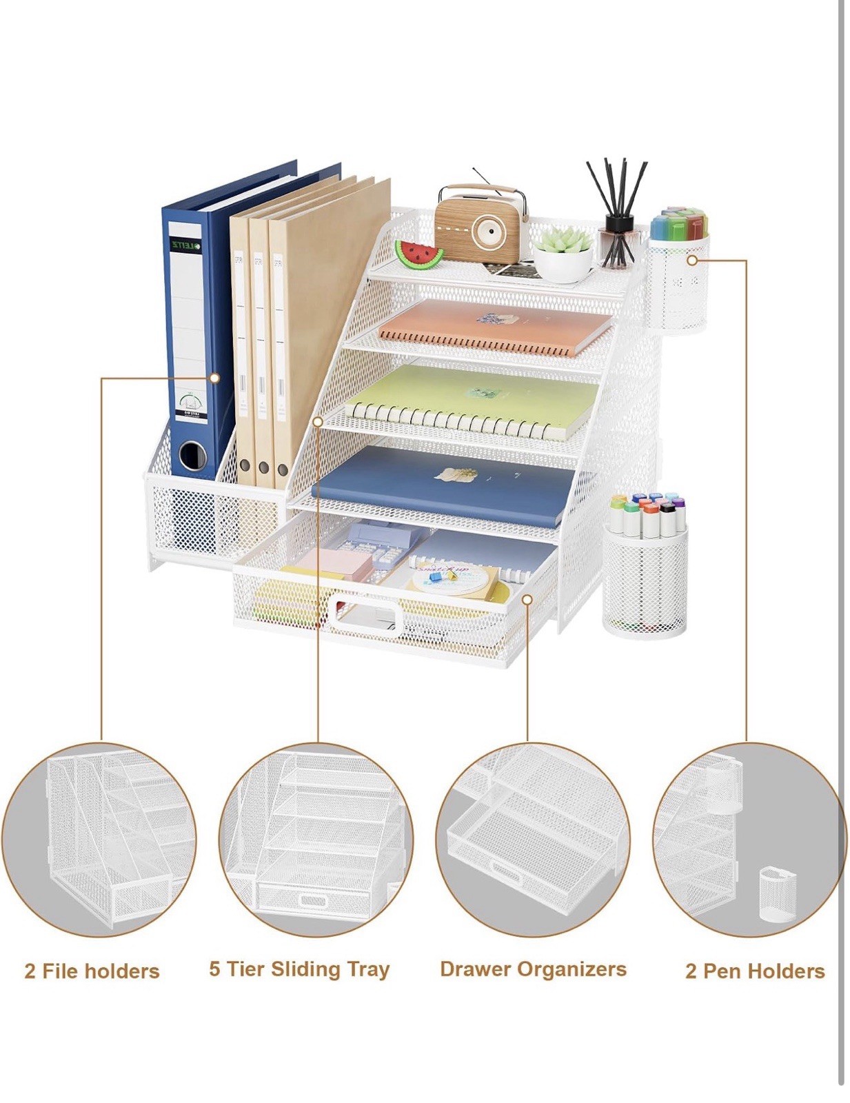 Desk Organizer w/ File Holder, 5-Tier Letter Tray w/ Drawer, Mesh White