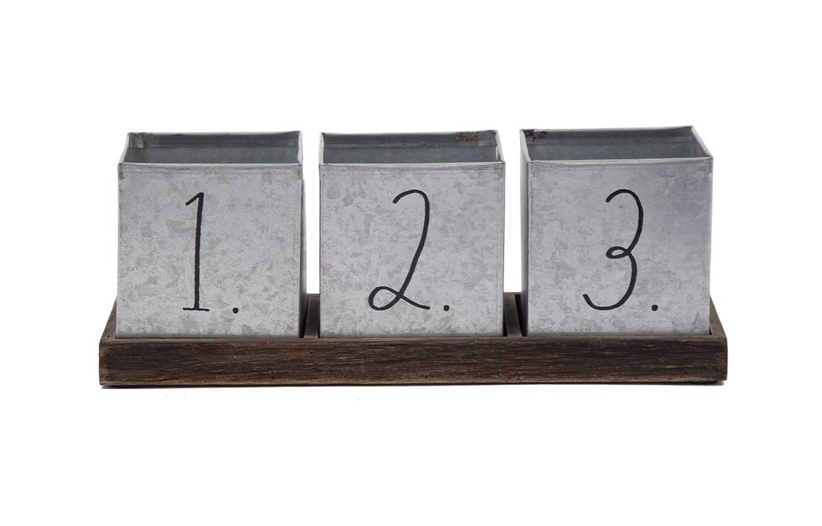 Rae Dunn Galvanized Steel Pencil Cup – 3 Compartments,1 2 3 Print Desk Organizer