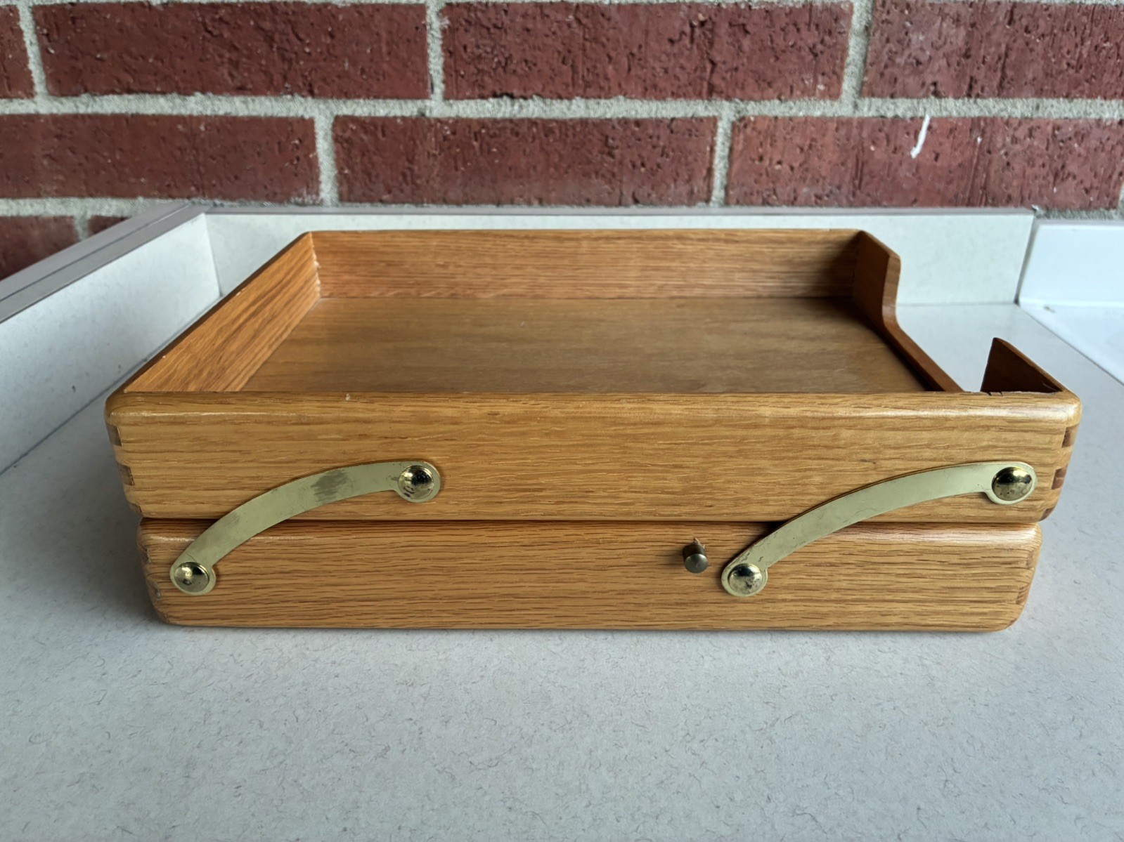 VTG 2 Tier Wood Brass Desk Document Organizer Letter Tray In/Out Box Dovetails
