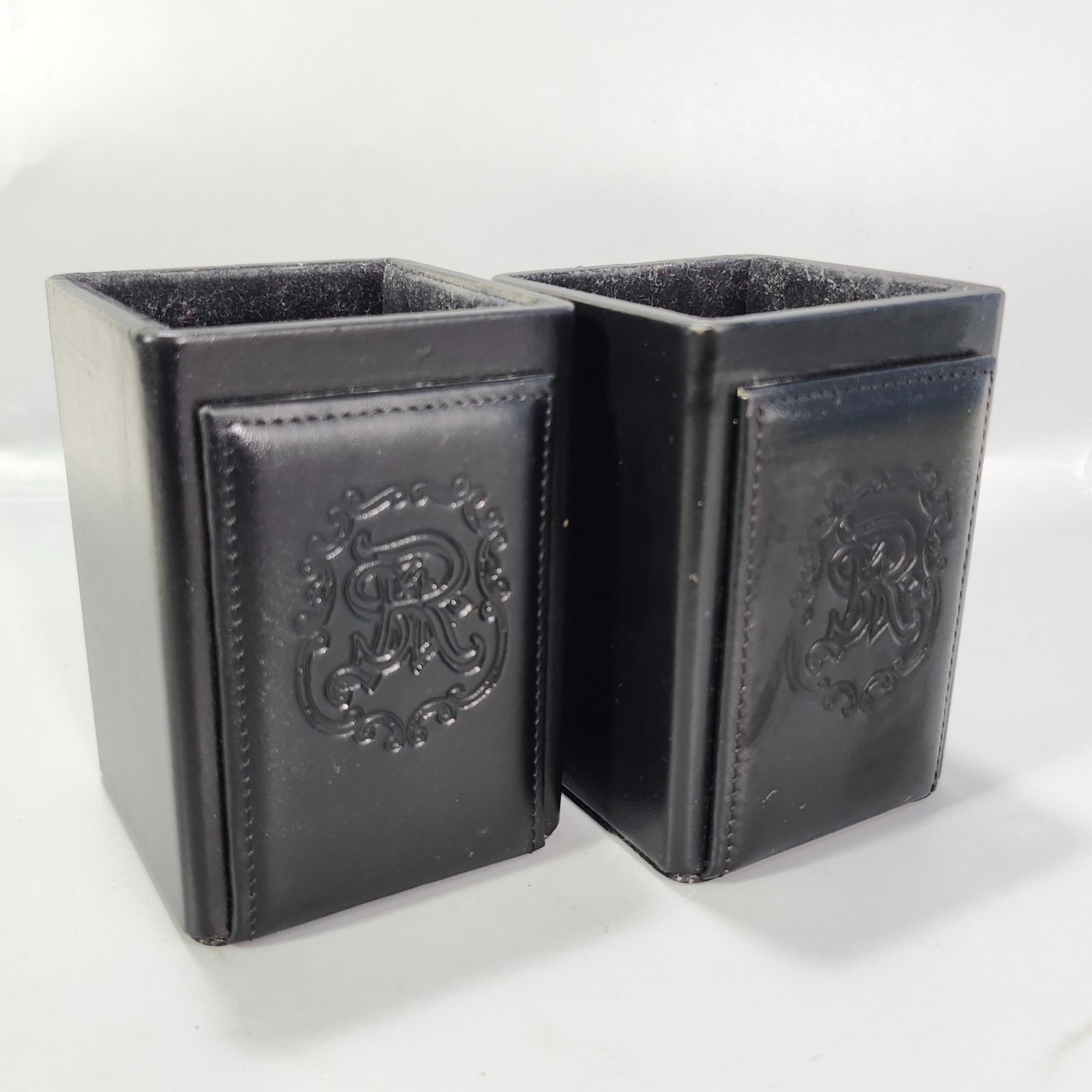 Black Leather Pencil Pen Cup Holder Pair Executive Desk Horse Crest Embroidery