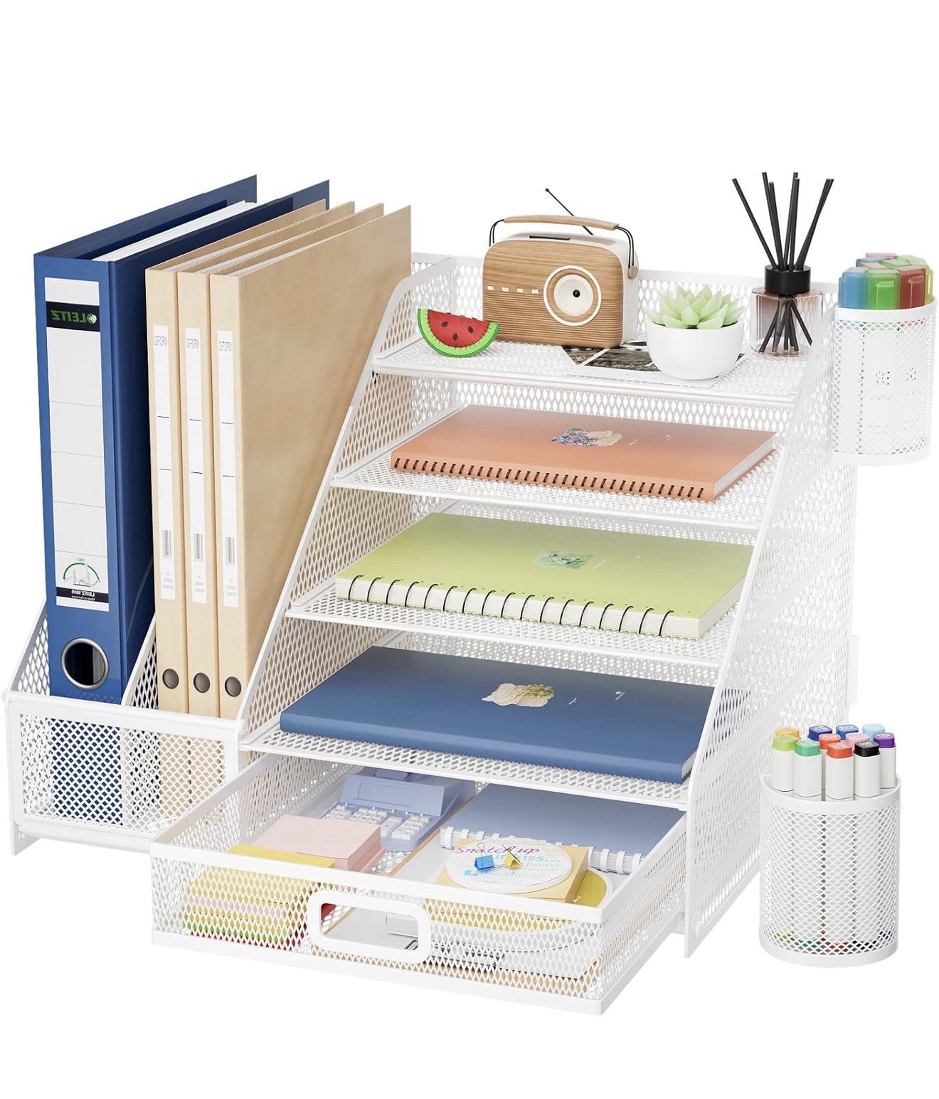 Desk Organizer w/ File Holder, 5-Tier Letter Tray w/ Drawer, Mesh White
