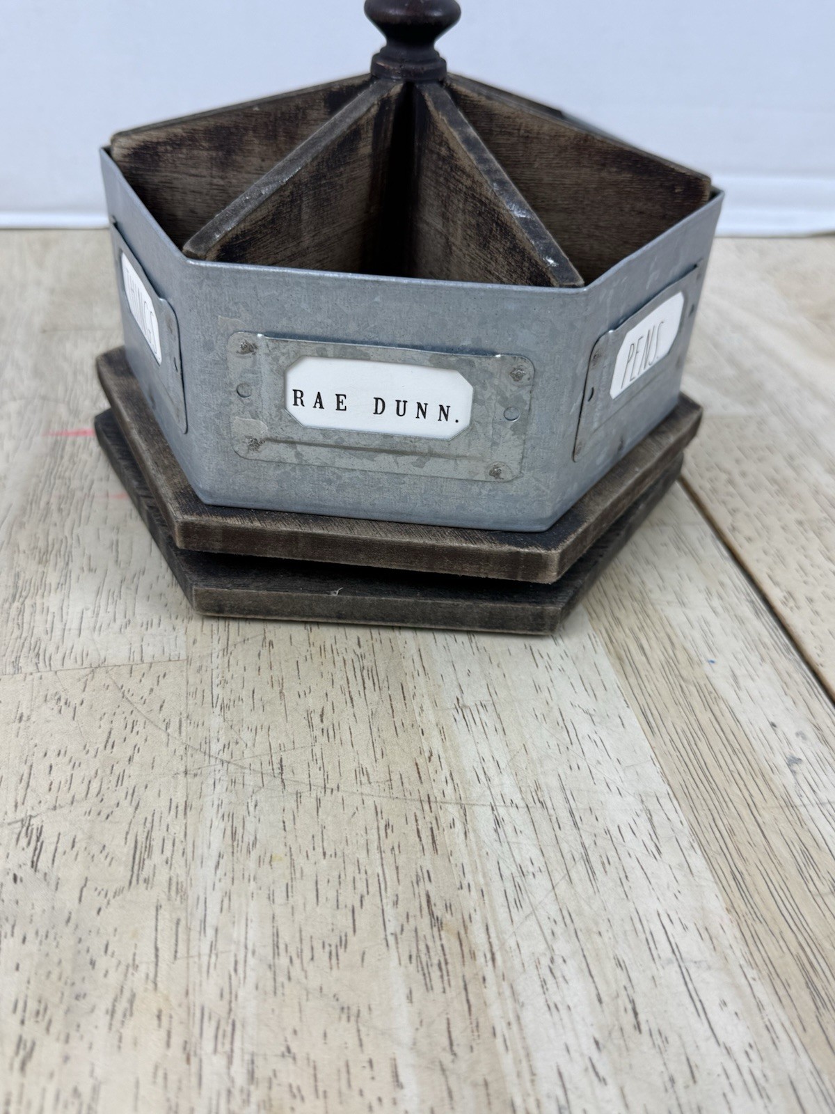 Rae Dunn Galvanized Steel & Wood Metal Rotating Spinning Rustic Desk Organizer