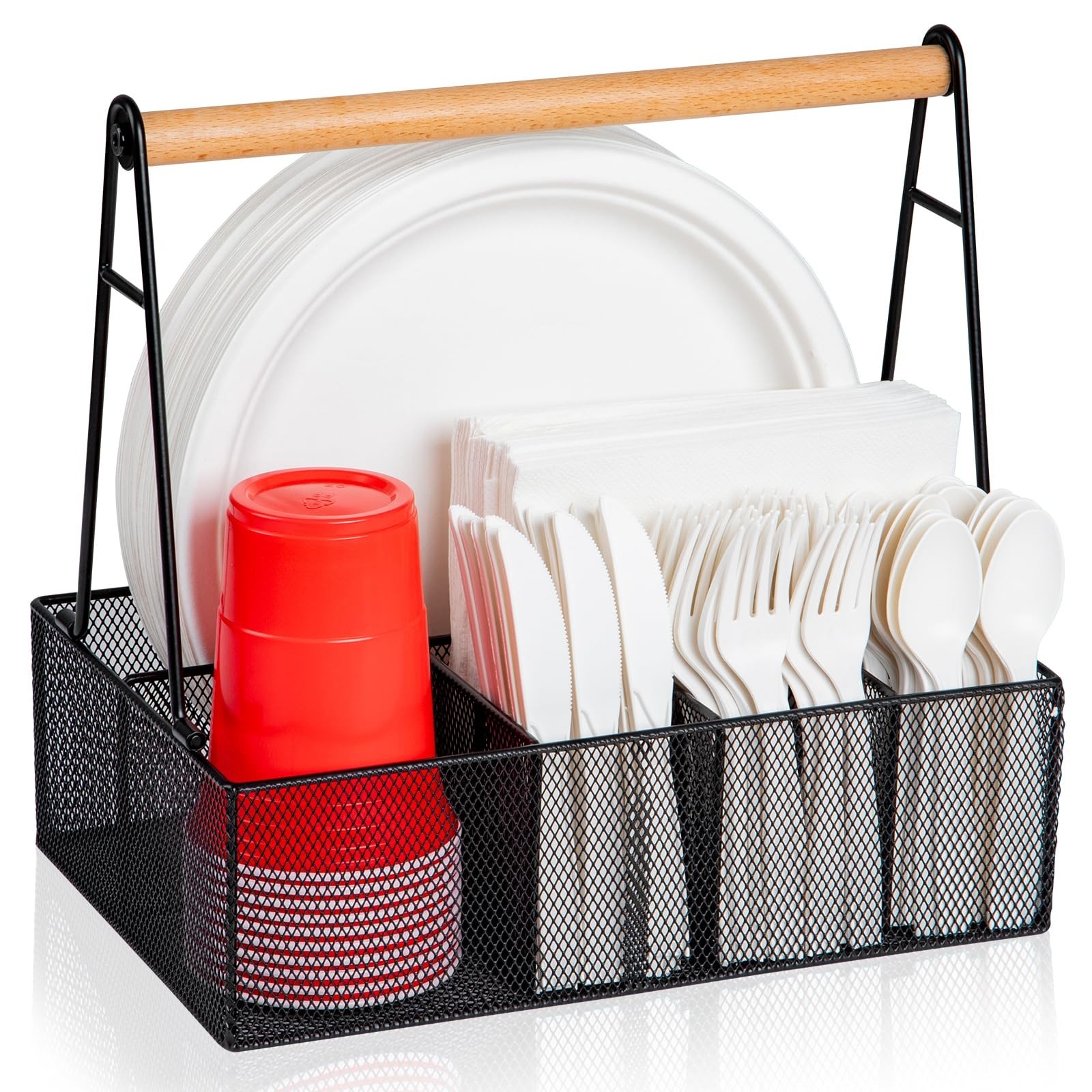 Countertop Paper Plate Organizer & Metal Cutlery Caddy for Utensils, Napkins, Pi