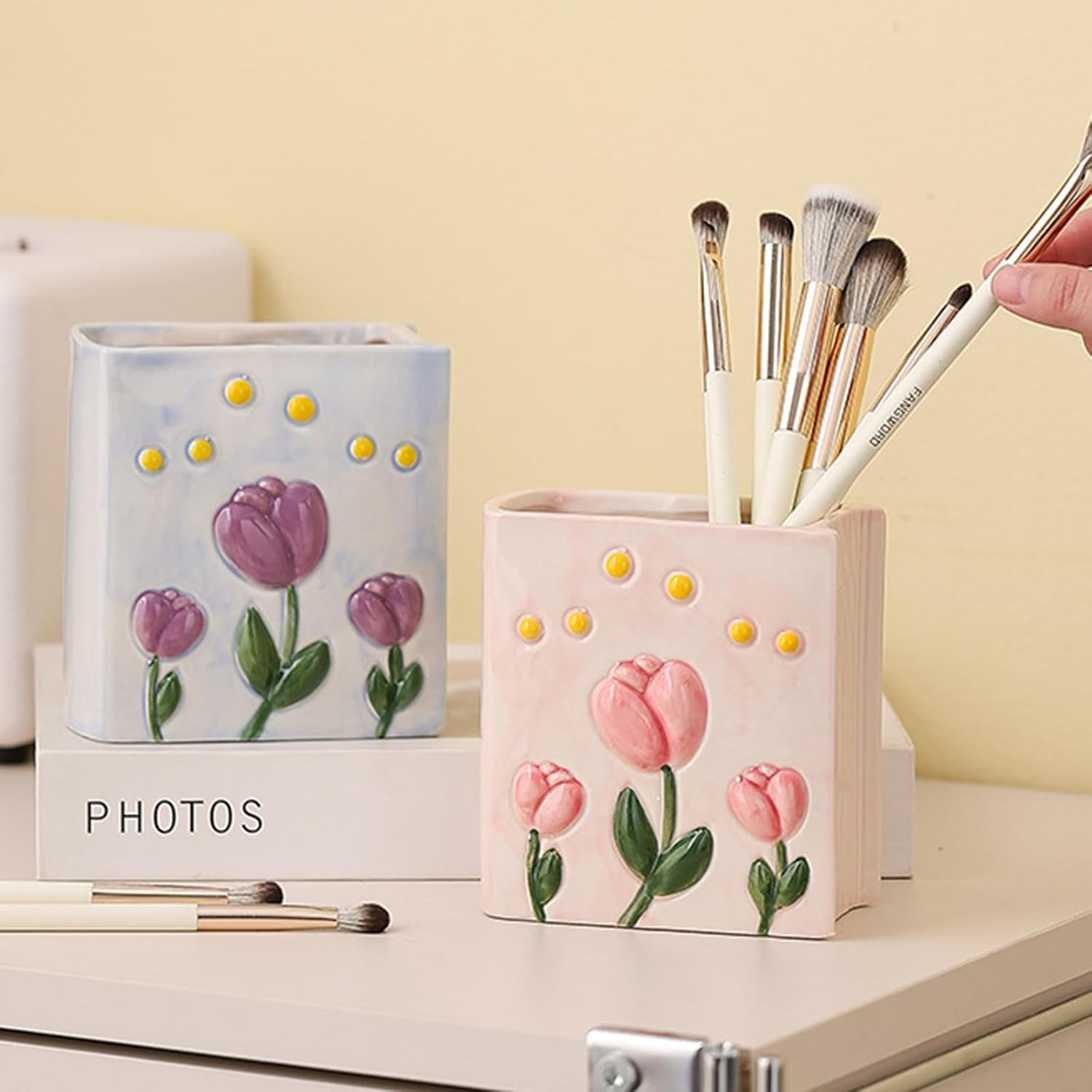 Book Vase Tulip Pencil Cup Pen Holder for Office Desk Decorative Books Pink Flow