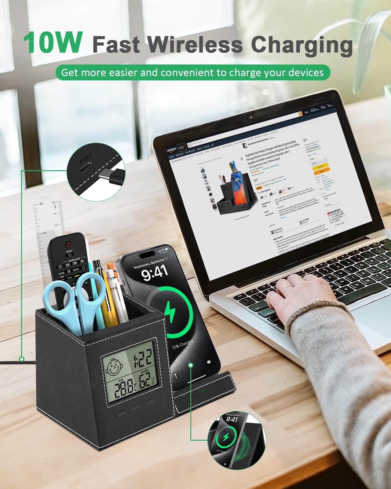 Investme Pen Holder with Wireless Charger, Built in Digital Indoor Thermomete…