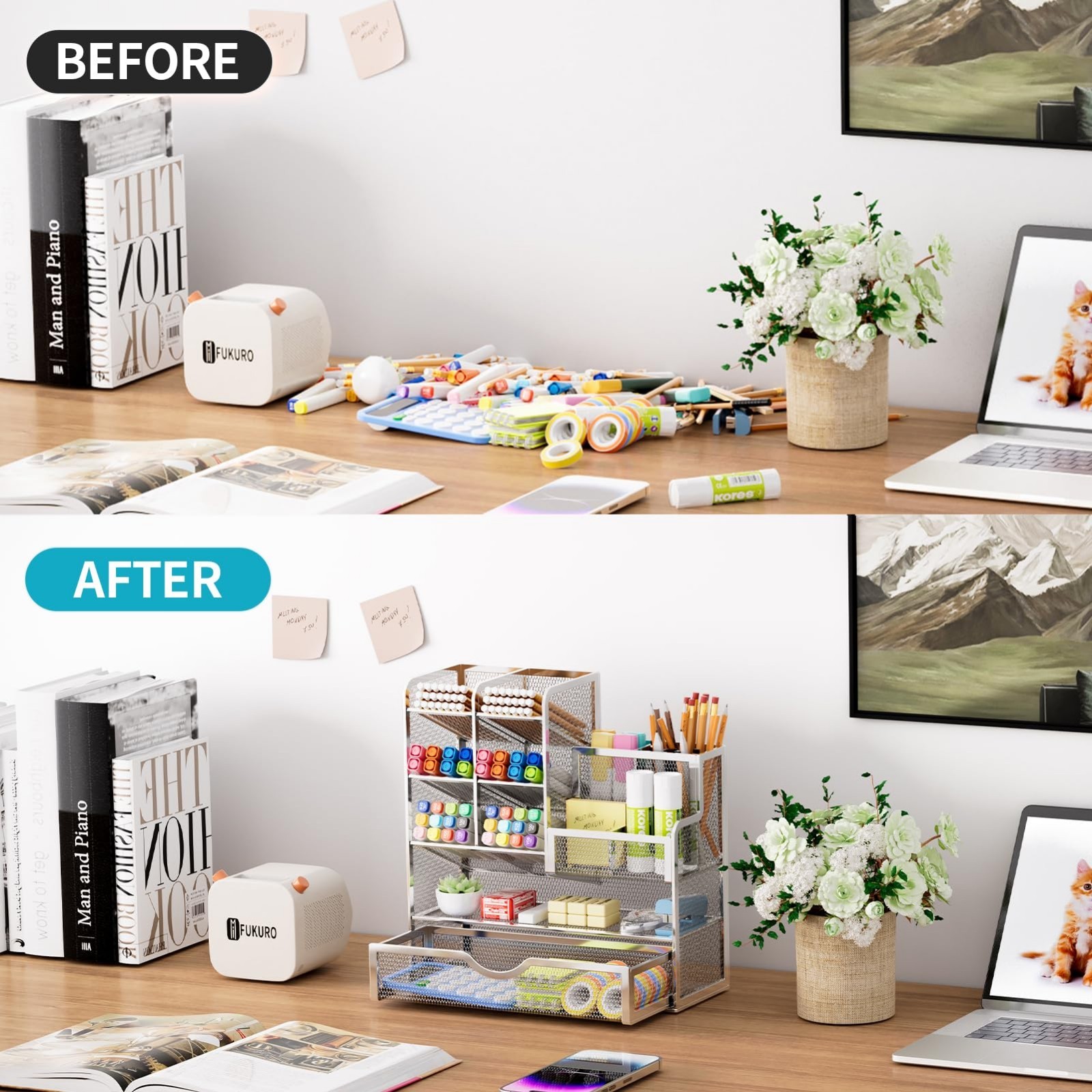 Multi-Functional Mesh Pen Holder with Drawer, Desk Organizer for Office Supplies