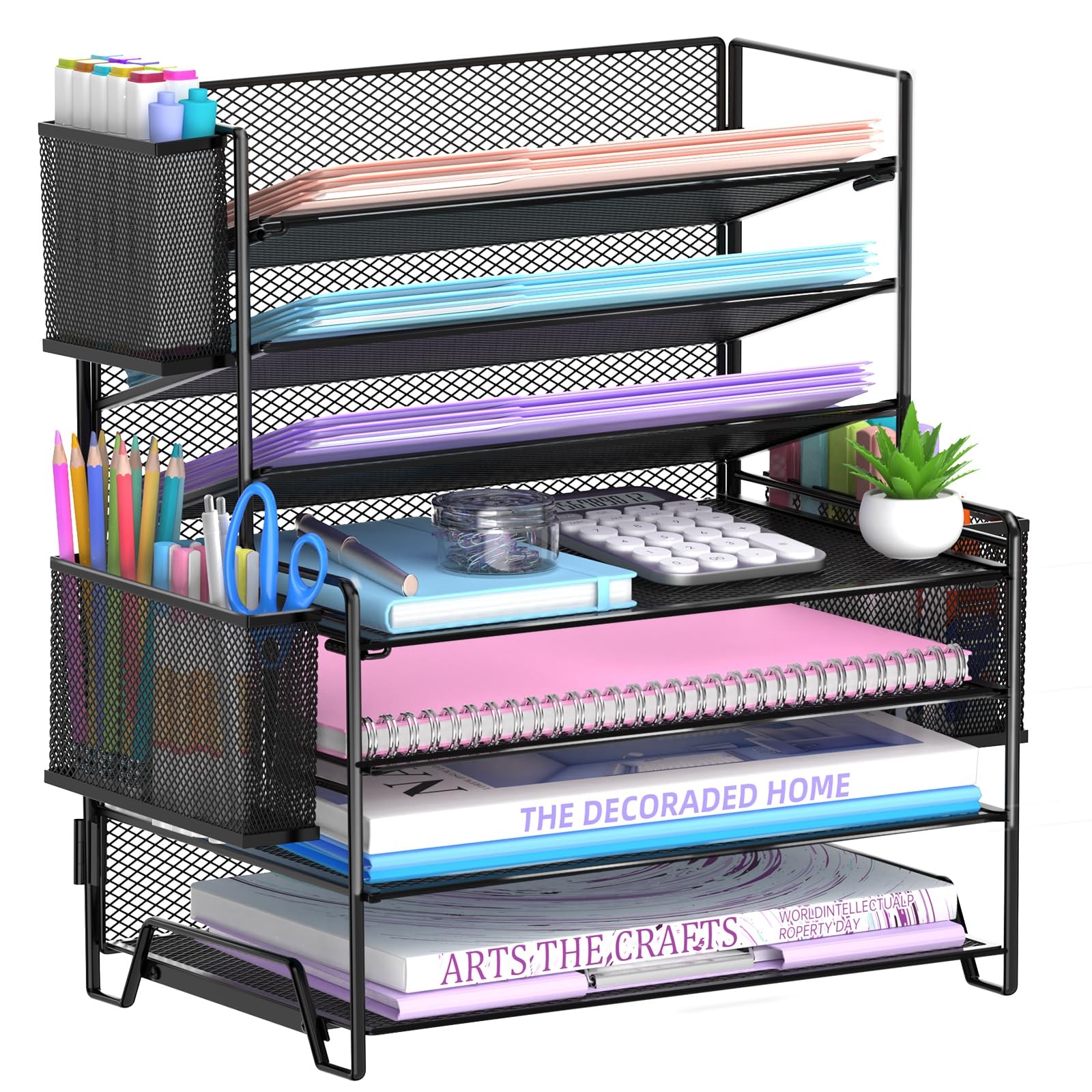 SUPEASY 7 Tier Desk Organizer with 3 Pen Holders, 12″ x 8.3″ x 14.6″, Black