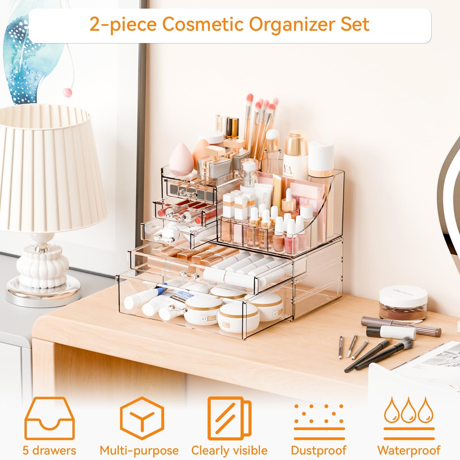 Yieach 2 Pack Clear Makeup Organizer Countertop for Dresser,Vanity and