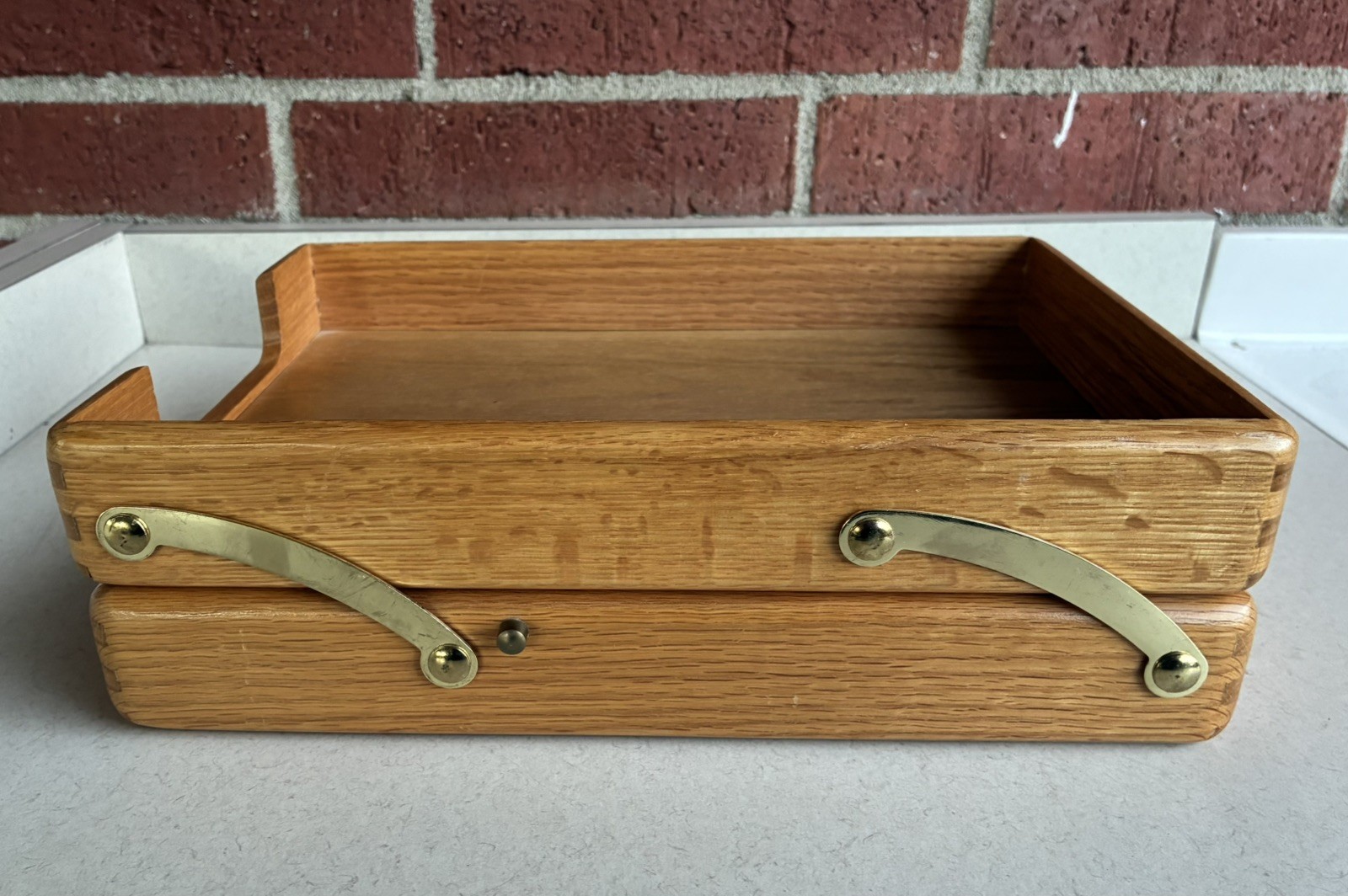 VTG 2 Tier Wood Brass Desk Document Organizer Letter Tray In/Out Box Dovetails