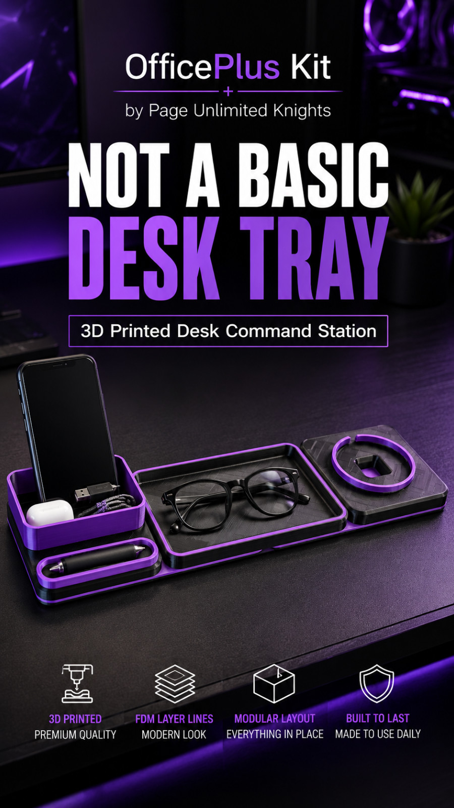 3D Printed Desk Organizer Phone Stand Pen Holder Professional Black Office Tray
