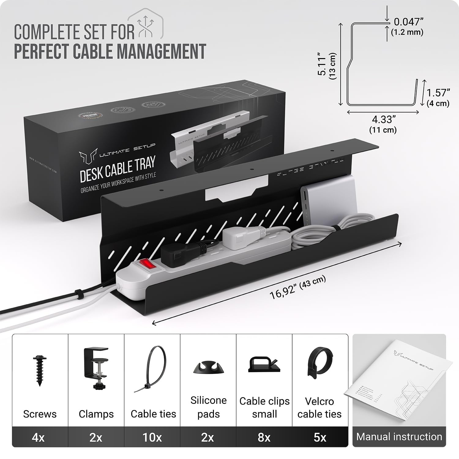 Under Desk Cable Management Tray no Drill – Wire 1 piece set, Black