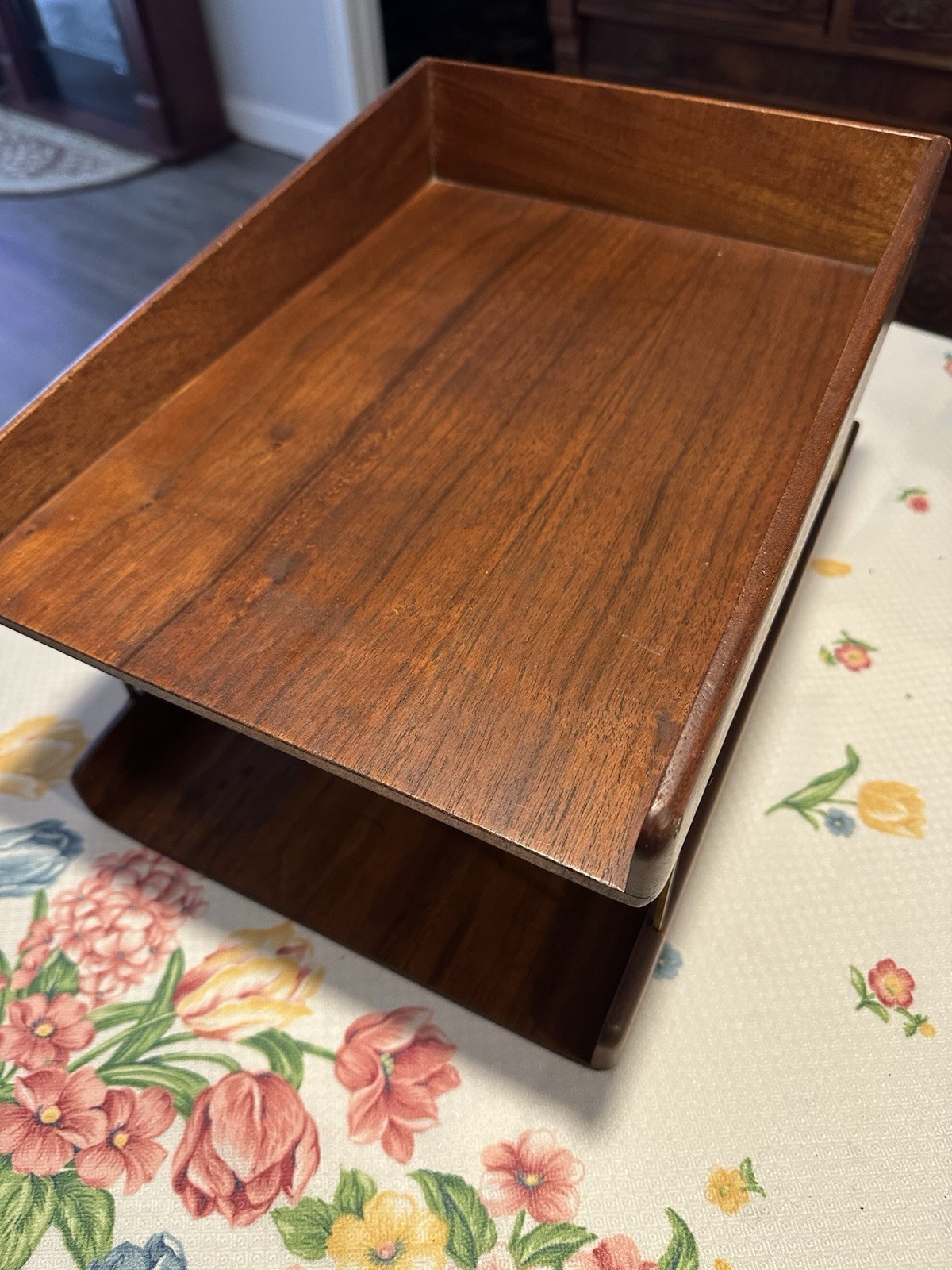 Vintage 60s MCM Midcentury Two Tier Walnut Letter Tray Brass File Holder Wooden