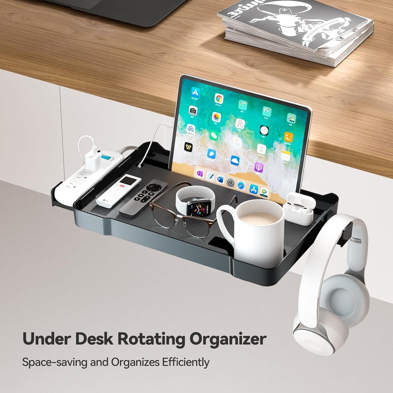 Under Desk Organizer 360° Rotating Clamp-On Tray W/ Headphone Hook Phone