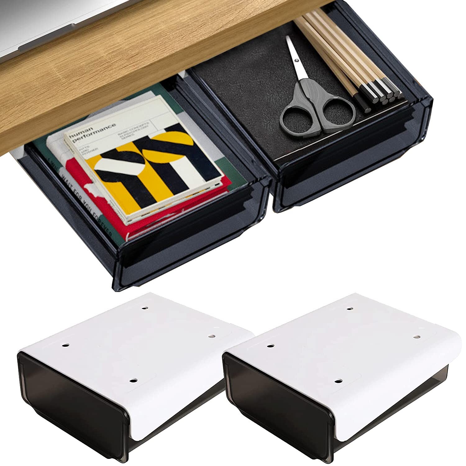 Self-adhesive Under Desk Drawer Organizer, 2 Pack Table Hidden Slide Out Larg…