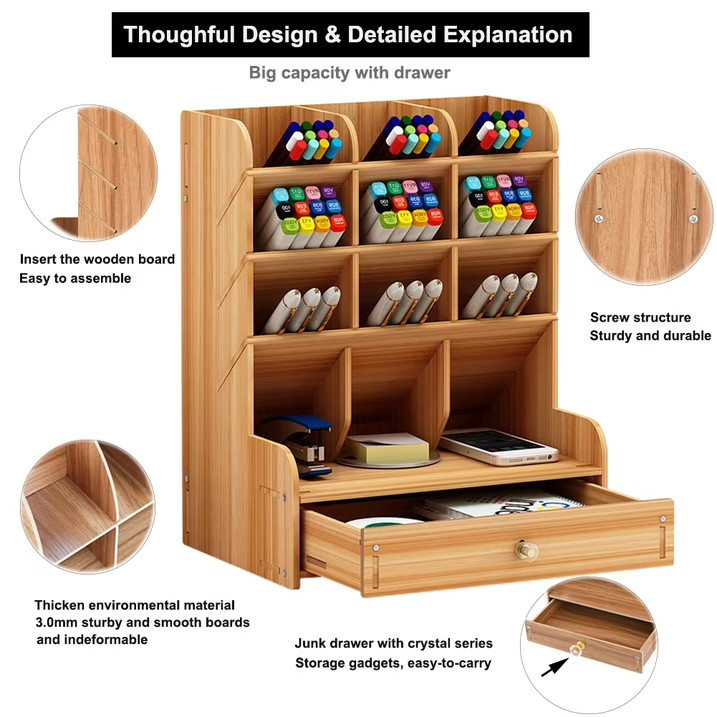 Marbrasse Wooden Desk Organizer DIY Pen Holder 12 Cab Marker Art Supply Storage