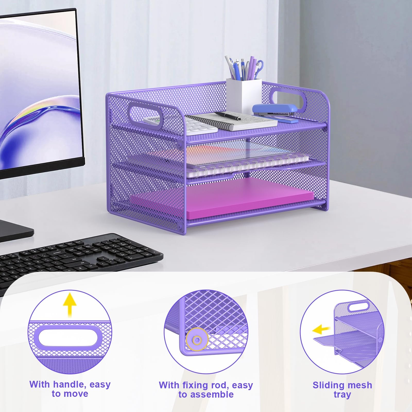 3 Tier Purple Letter Tray Paper Organizer with Handle, Mesh Desk Organizer Pa…