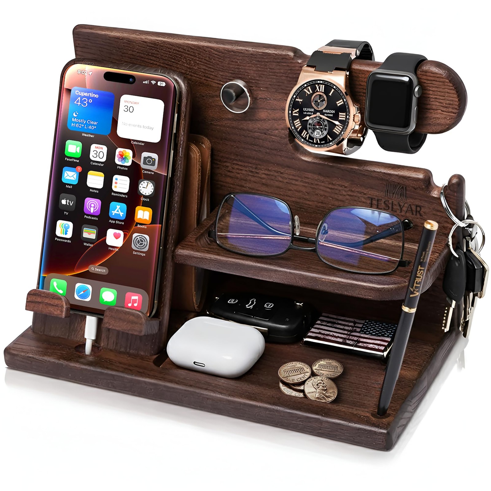 TESLYAR Wood Phone Docking Station for Men – Desk or Nightstand Bourbon Brown