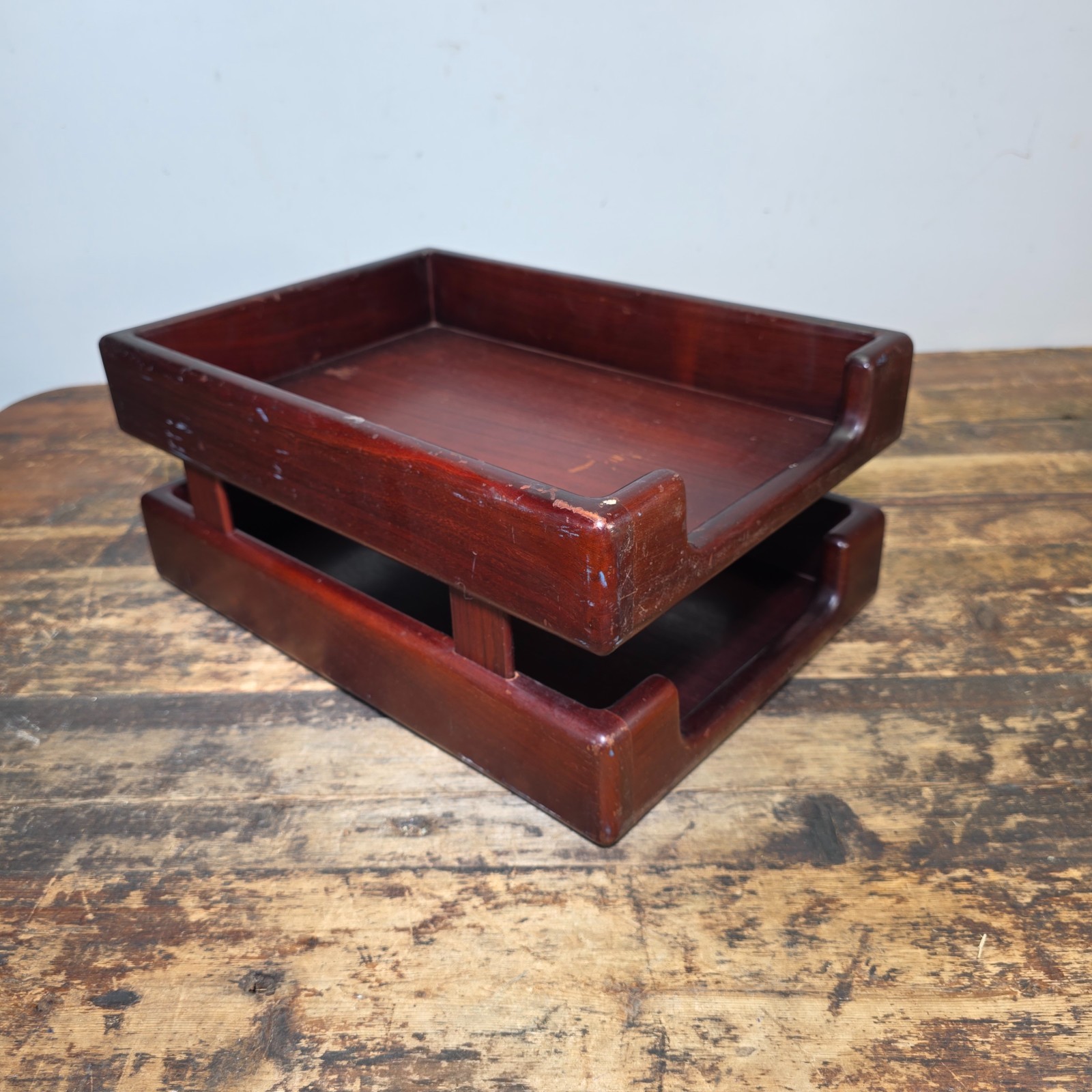 Vintage Wood 2 Tier Letter Tray Desk Organizer Mid Century Modern Rustic Style